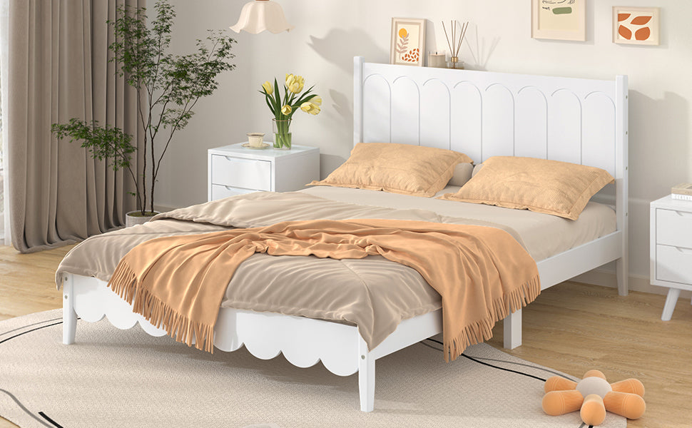 Full Size Wood Platform Bed Frame, Retro Style Bed With Rectangular Headboard,No Need Box Spring,White Full White Wood