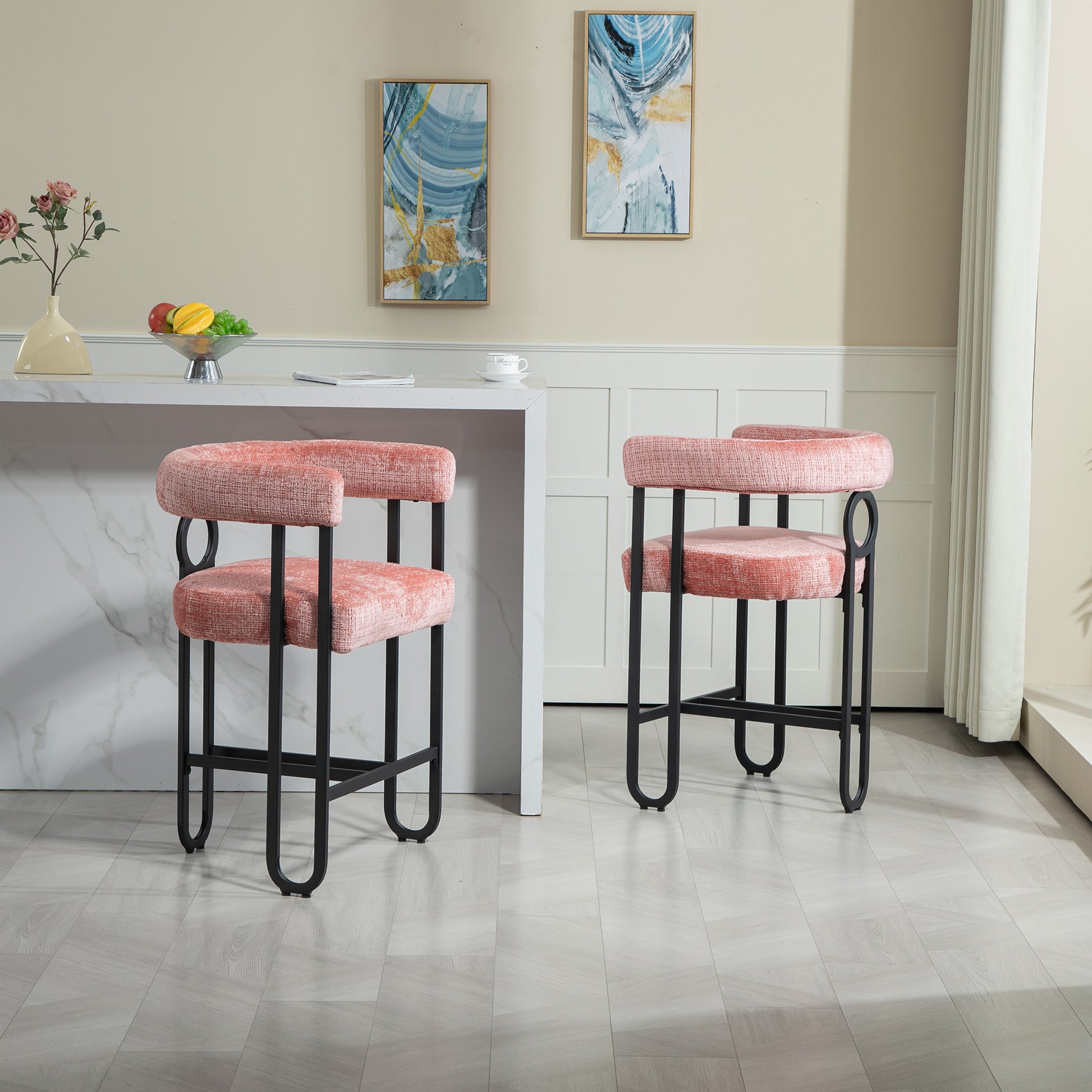 Coolmore Bar Stools Set Of 1, Modern Bar Stool With Back, Black Metal Frames, Upholstered Bar Stools For Kitchen Island, Pub, Club Pink Chenille Pink Primary Living Space Foam Chenille