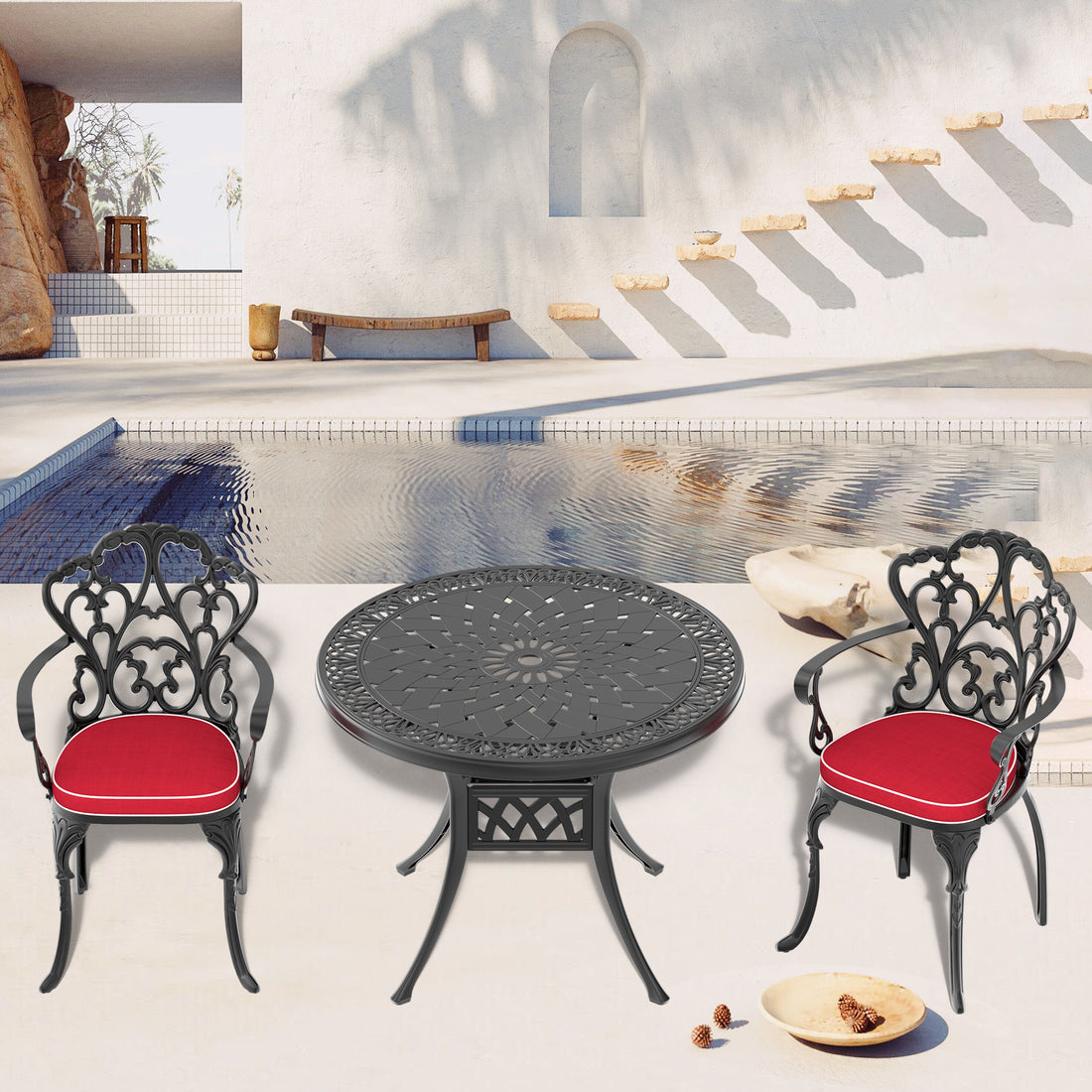 Cushions In Random Colors 3 Piece Set Of Cast Aluminum Patio Furniture With Cushions Yes Dining Set Black Seats 4 Rust Resistant Frame Water Resistant Cushion Garden & Outdoor Complete Patio Sets Aluminium