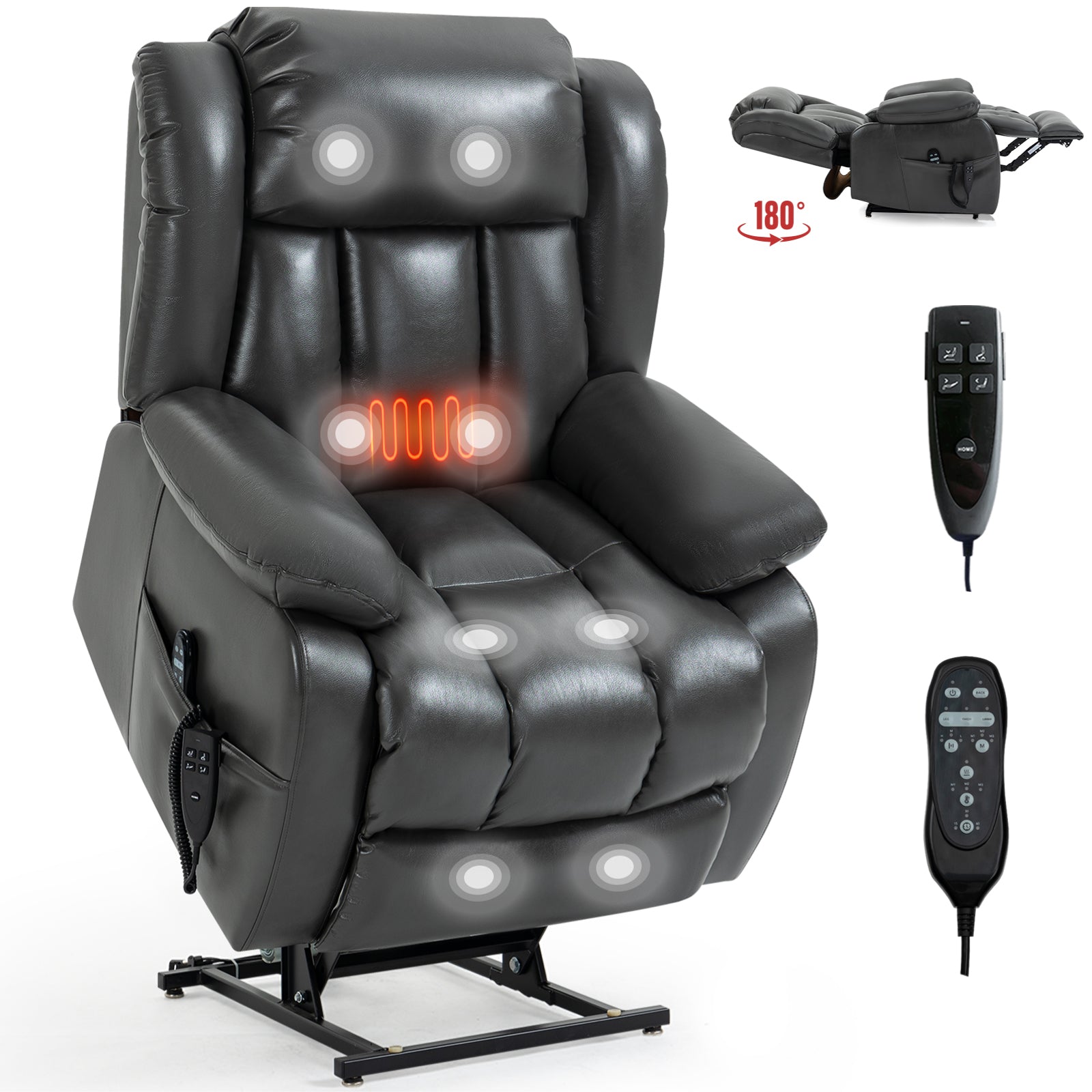 Dual Motor Infinite Position Up To 350 Lbs Electric Medium Size Grey Power Lift Recliner Chair With 8 Point Vibration Massage And Lumbar Heating White Metal Primary Living Space Heavy Duty Pine Antique Gray Faux Leather Power Remote Medium Firm Pillow