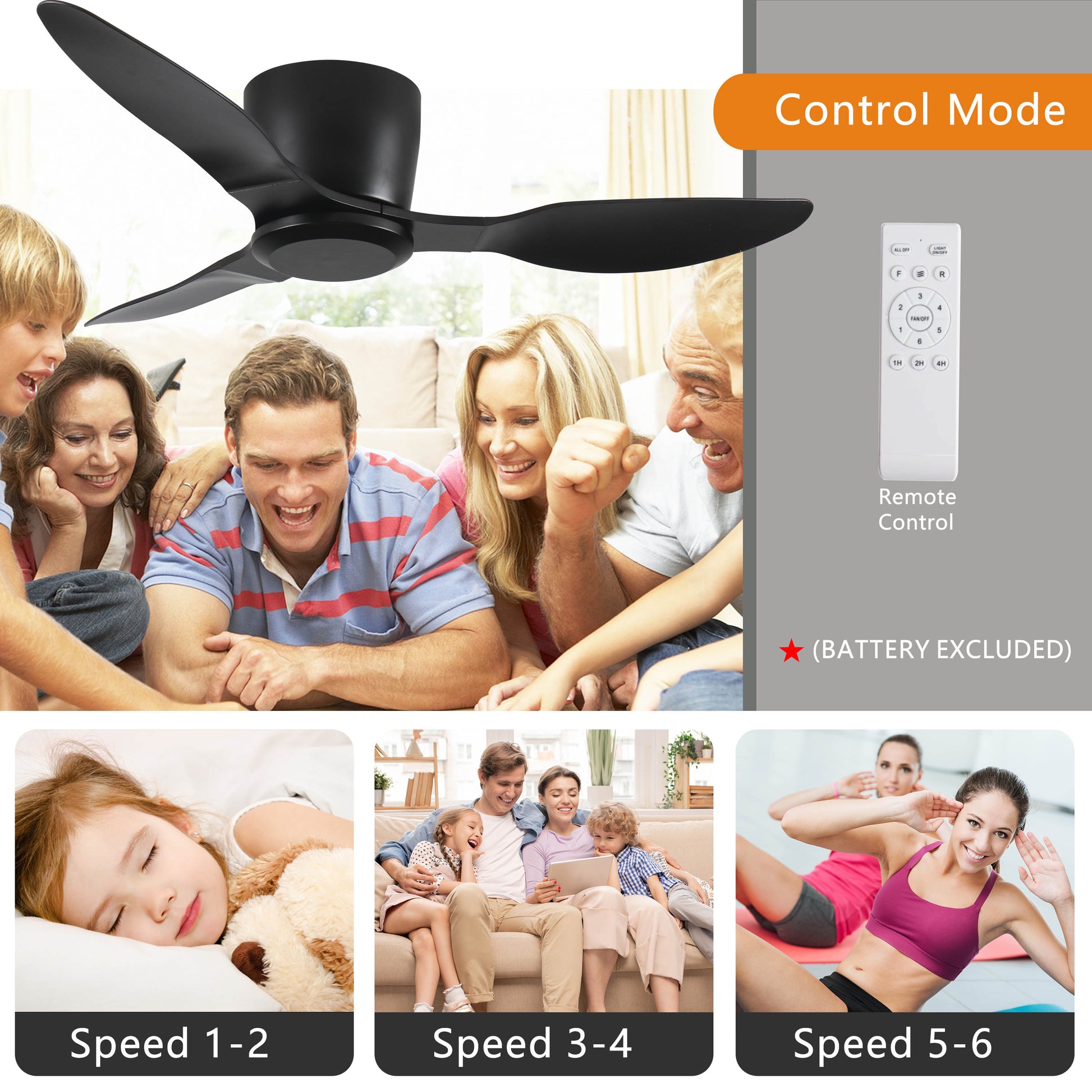 40" Flush Mount Ceiling Fan Without Light, 3 Reversible Blades, With 6 Speeds Reversible Dc Motor,Low Profile Ceiling Fan With No Light For Living Room Kitchen Bedroom Black Classic Abs Steel Q235