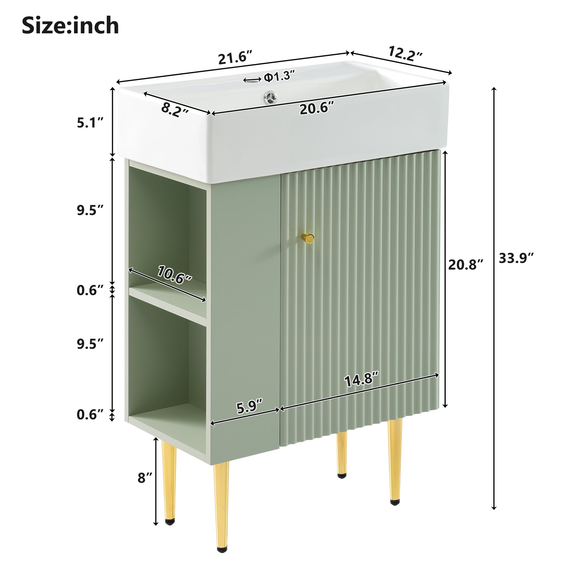21.6" Green Bathroom Vanity, Combo Cabinet, Bathroom Storage Cabinet, Single Ceramic Sink, Left Side Storage Green Bathroom Ceramic Mdf