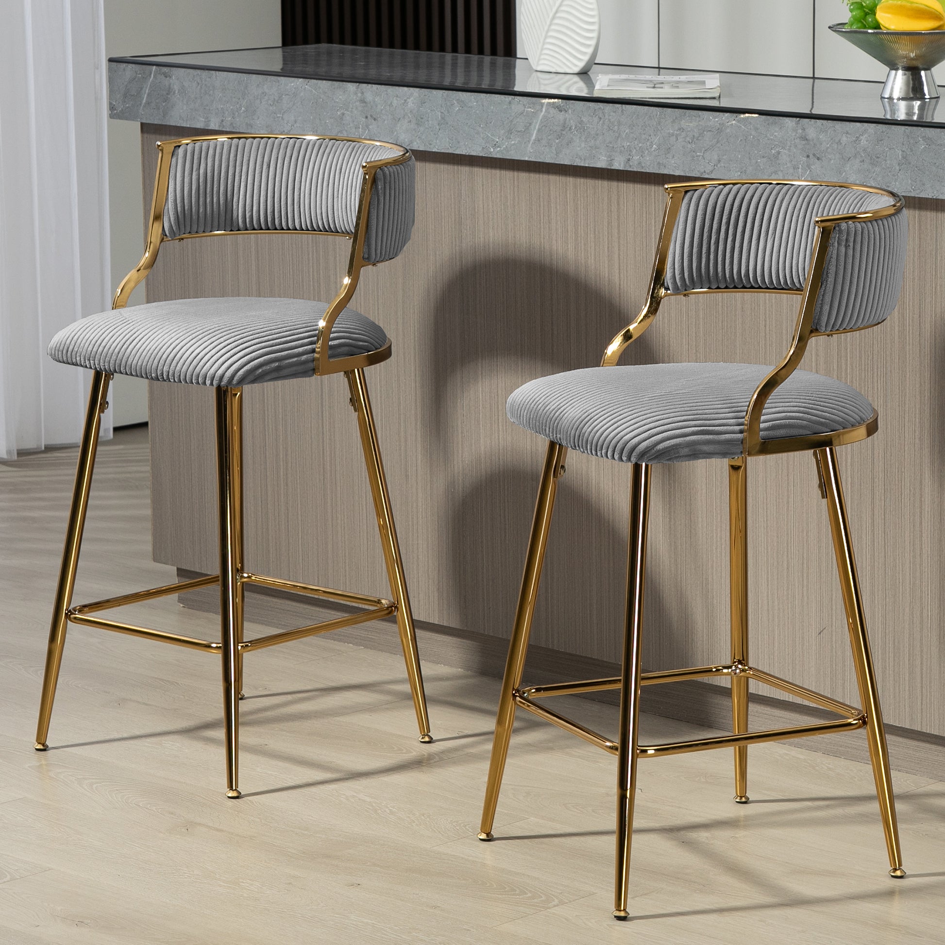 Set Of 2,26'' Counter Height Bar Stools Corduroy Kitchen Island Counter Bar Stool With Back,Golden Chromed Base And Footrest Grey Grey Kitchen Modern Foam Corduroy