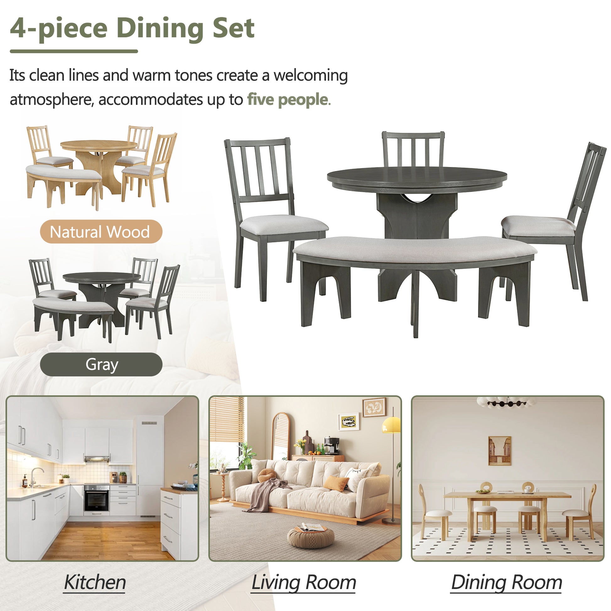 5 Piece Rustic Charm Round Dining Set With 3 Upholstered Chairs And Curved Bench For Dining Room, Kitchen And Living Room Natural Natural Rubber Wood