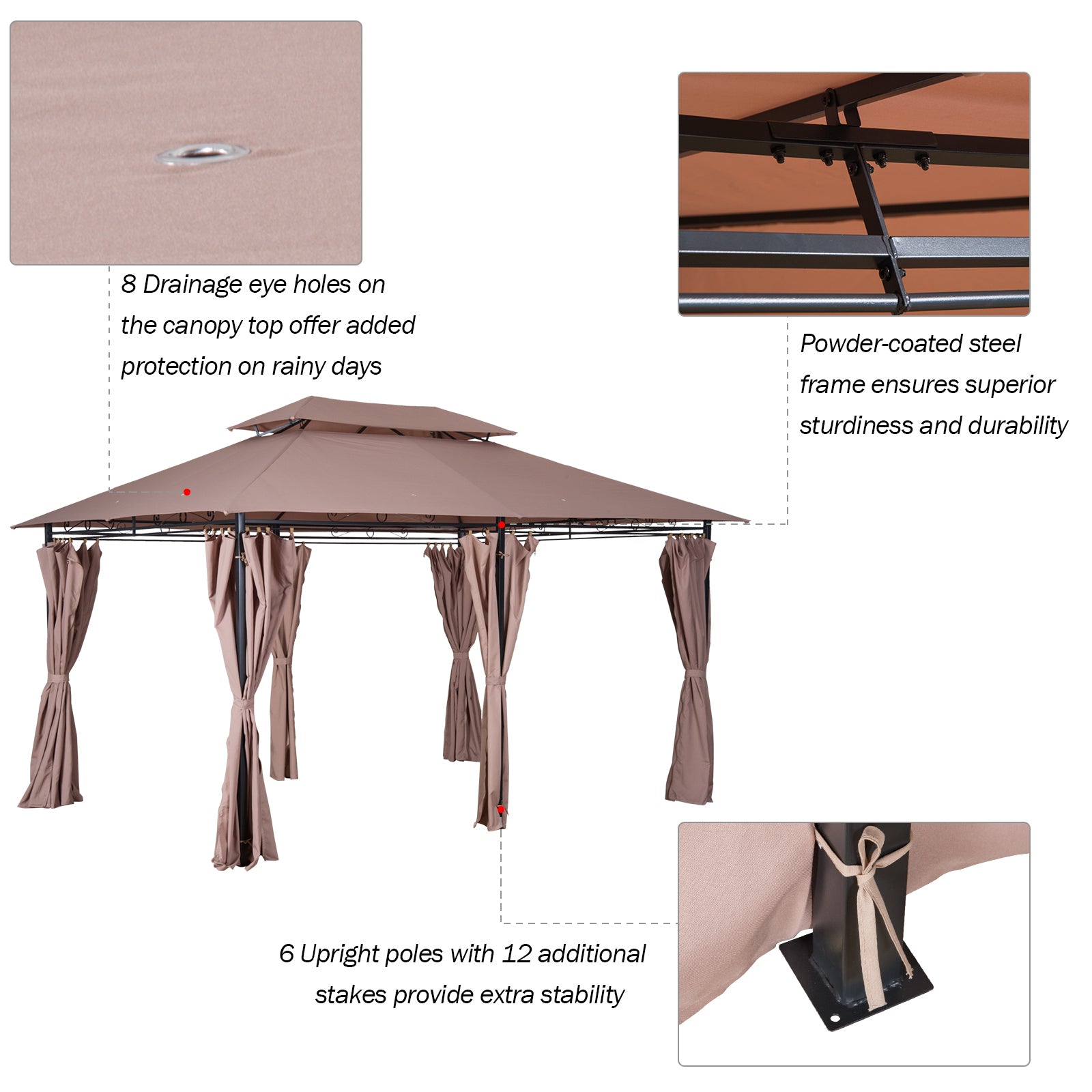 Outsunny 10' X 13' Patio Gazebo, Outdoor Gazebo Canopy Shelter With Curtains, Vented Roof, Steel Frame For Garden, Lawn, Backyard And Deck, Khaki Khaki Steel