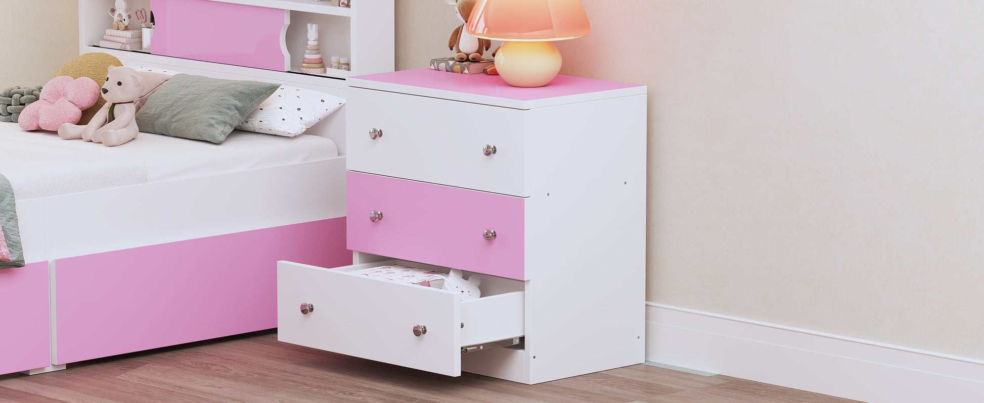 3 Drawer Wooden Nightstand With Colorblock Design And Plastic Handle, Wood Side Table With Storage Cabinet For Bedroom, White Pink White Pink Wood