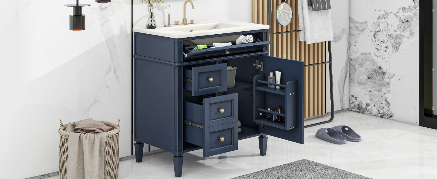 30'' Bathroom Vanity With Top Sink, Modern Bathroom Storage Cabinet With 2 Drawers And A Tip Out Drawer, Single Sink Bathroom Vanity Blue Modern Mdf Ceramic,Solid Wood Mdf