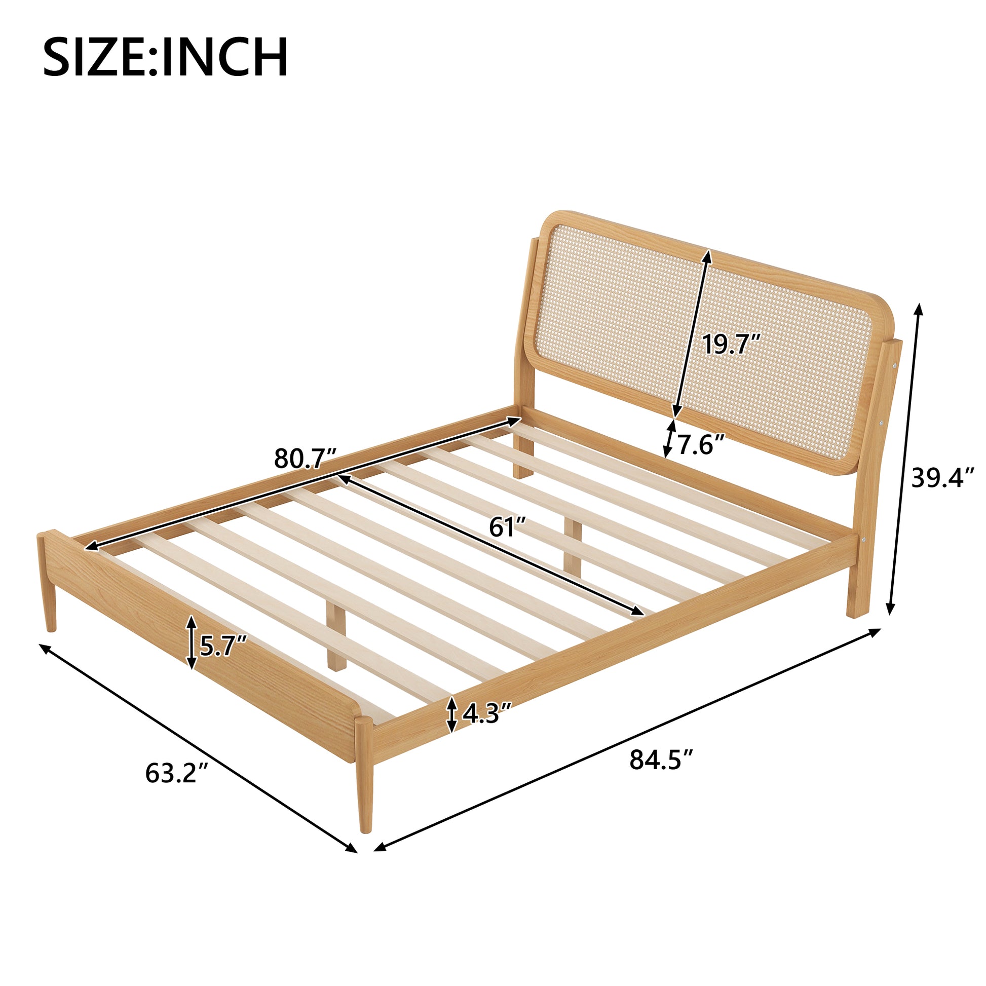 Queen Size Wood Storage Platform Bed With Led Light, Rattan Headboard, Nature Box Spring Not Required Queen Antique Natural Wood Bedroom Bed Frame Wood Rattan