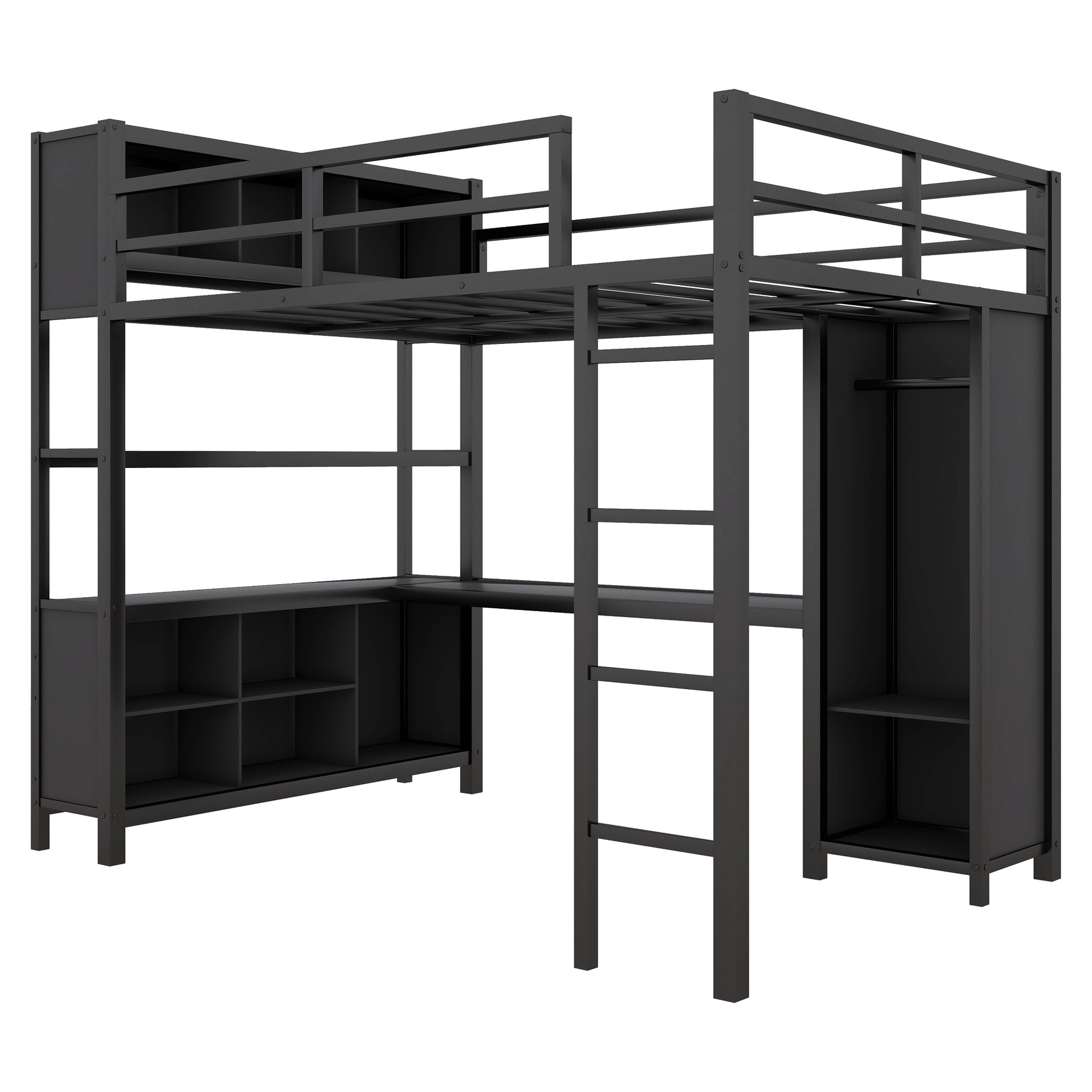 Metal Loft Bed With Wardrobe And L Shaped Desk, Full Size Loft Bed With Storage Cubes And Shelves, Heavy Duty Loft Bed For Kids Teens Adults, Black Pre Sale Date: August 10Th Full Black Metal