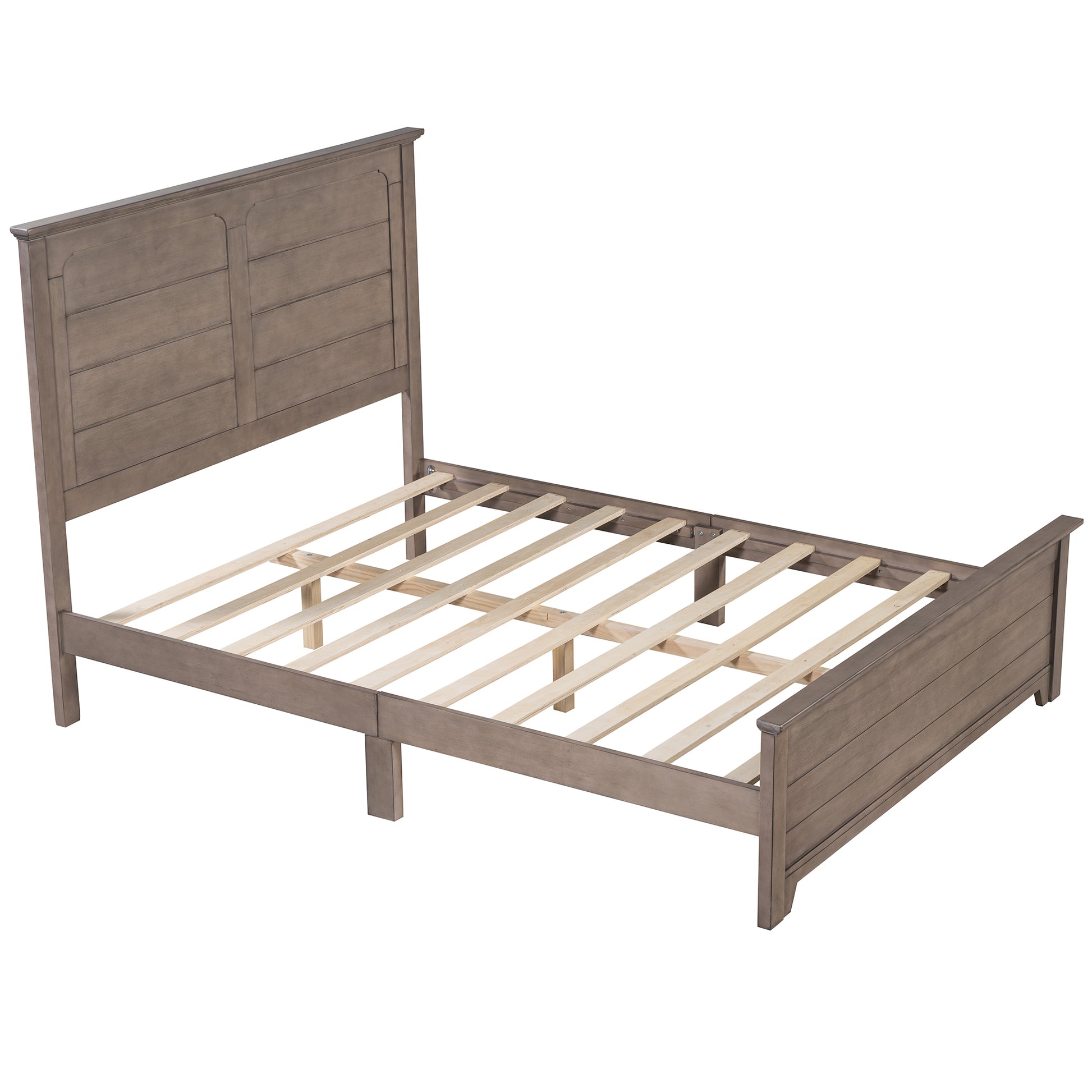 Farmhouse Wooden Platform Queen Size Bed With Panel Design Headboard And Footboard For Teenager, Ash Brown Queen Ash Brown Pine