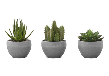 Artificial Plant, 6" Tall, Succulent, Indoor, Faux, Fake, Table, Greenery, Potted, Set Of 3, Decorative, Green Plants, Grey Cement Pots Green Foam Plastic