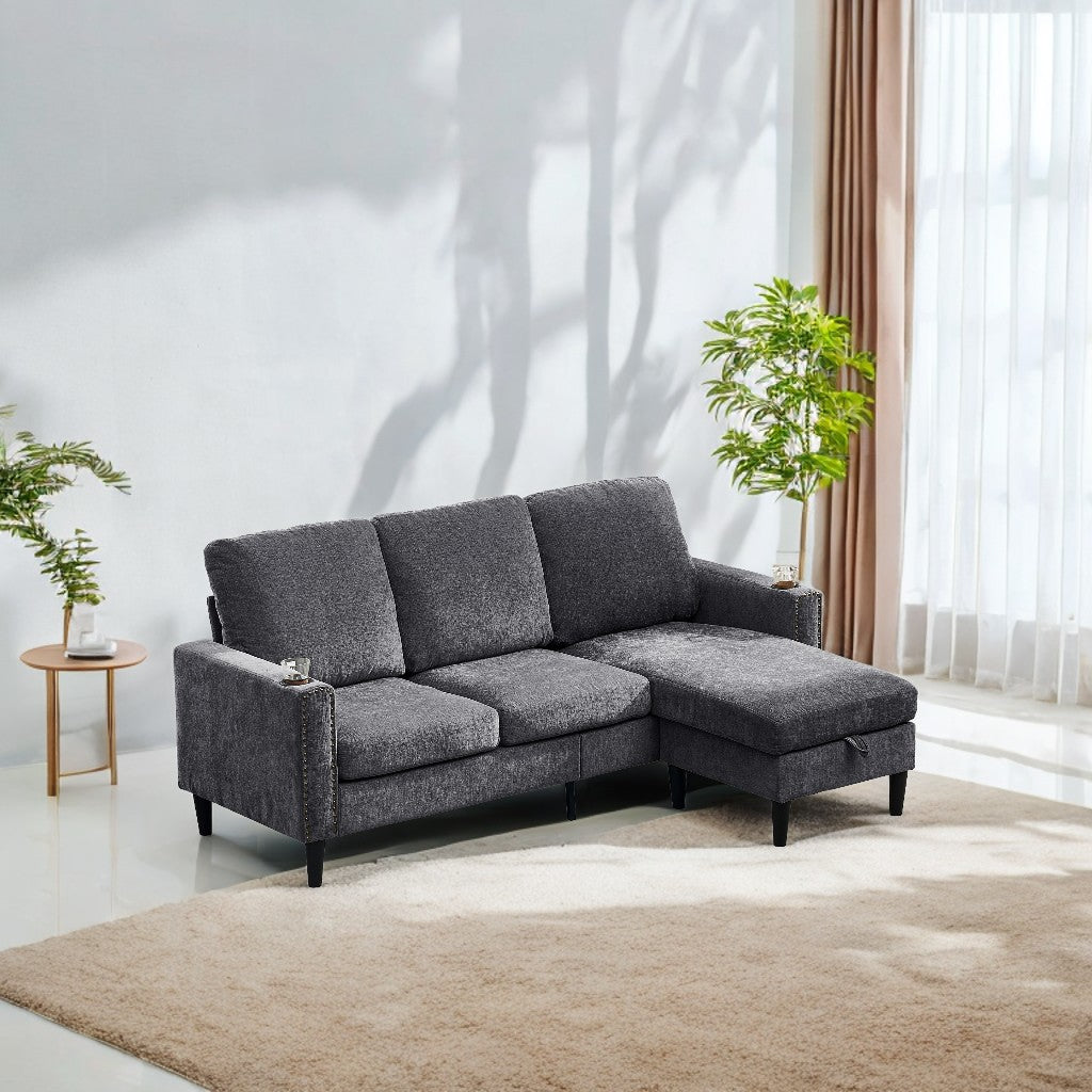 Modern Design Chenille 3 Seat L Shape Sectional Sofa With Storage Chaise For Apartment, Studio, Office,Living Room,L Shape Dark Grey Dark Gray Chenille Metal Primary Living Space Soft Modern Foam