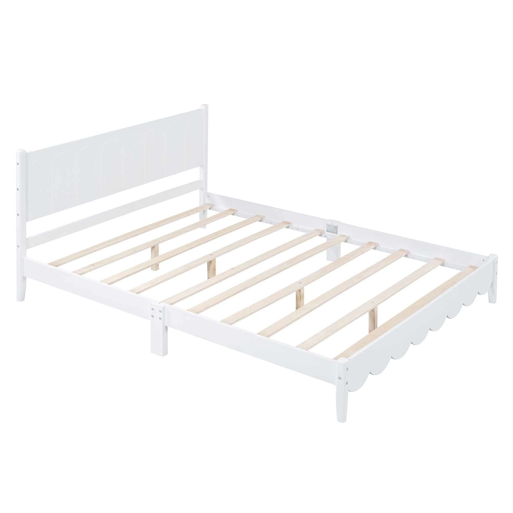 Queen Size Wood Platform Bed Frame, Retro Style Bed With Rectangular Headboard,No Need Box Spring,White Queen White Wood