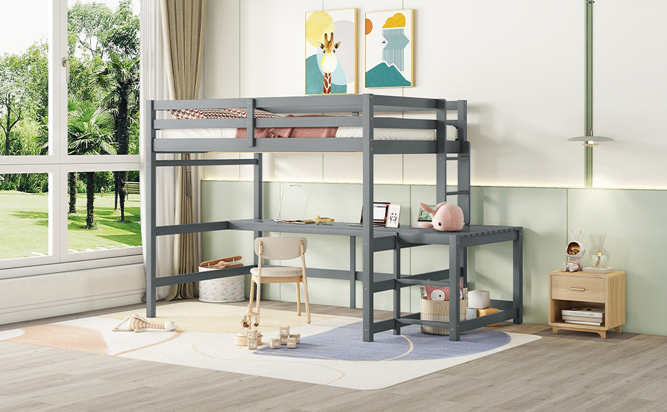 Full Loft Bed With Built In Desk, Ladder Platform, Ladders, Guardrails,Grey Full Grey Bedroom American Design Pine