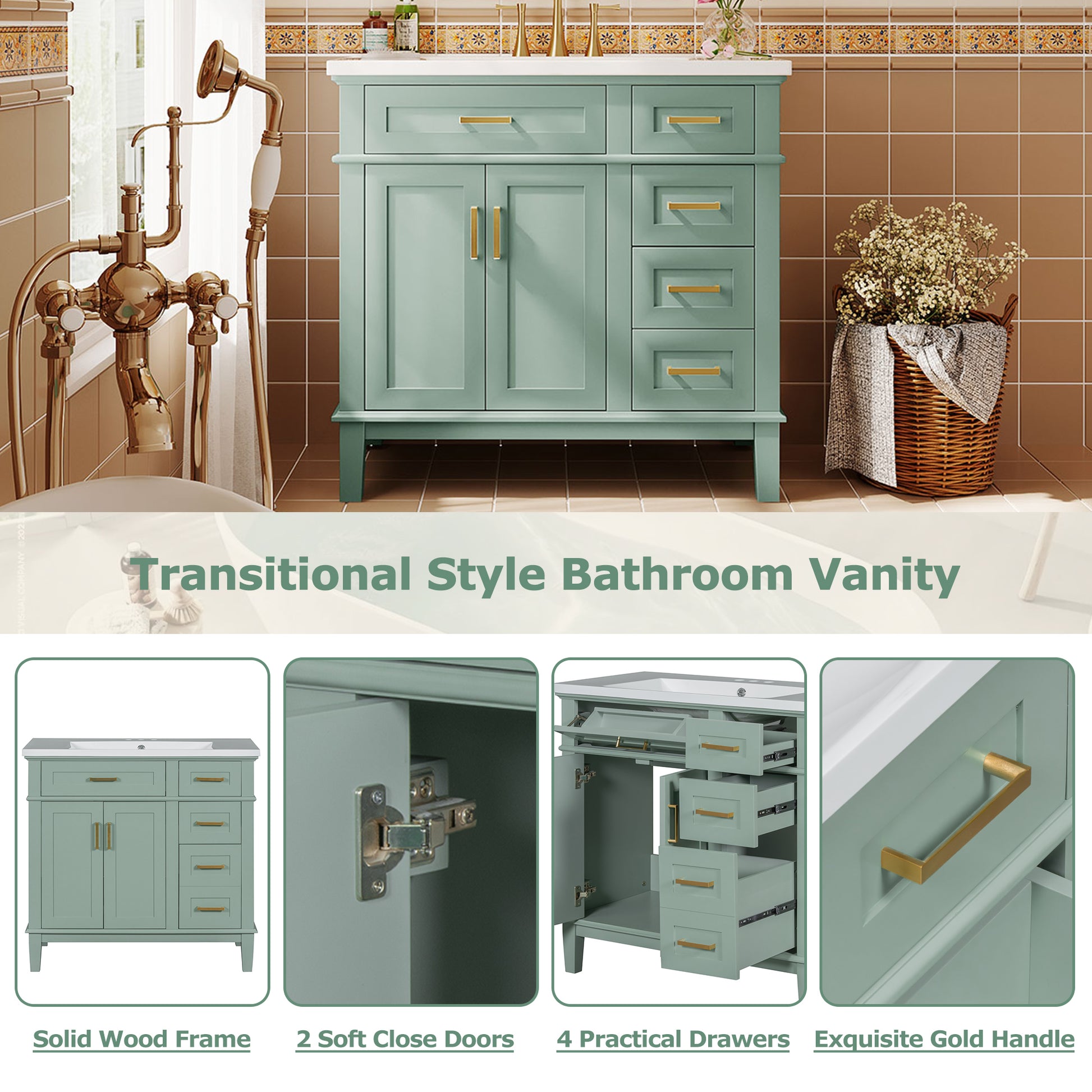 36 Inch Bathroom Vanity With Resin Sink, Modern Bathroom Cabinet In Green, Featuring Two Soft Close Doors And Four Drawers Green Bathroom Solid Wood Mdf Resin