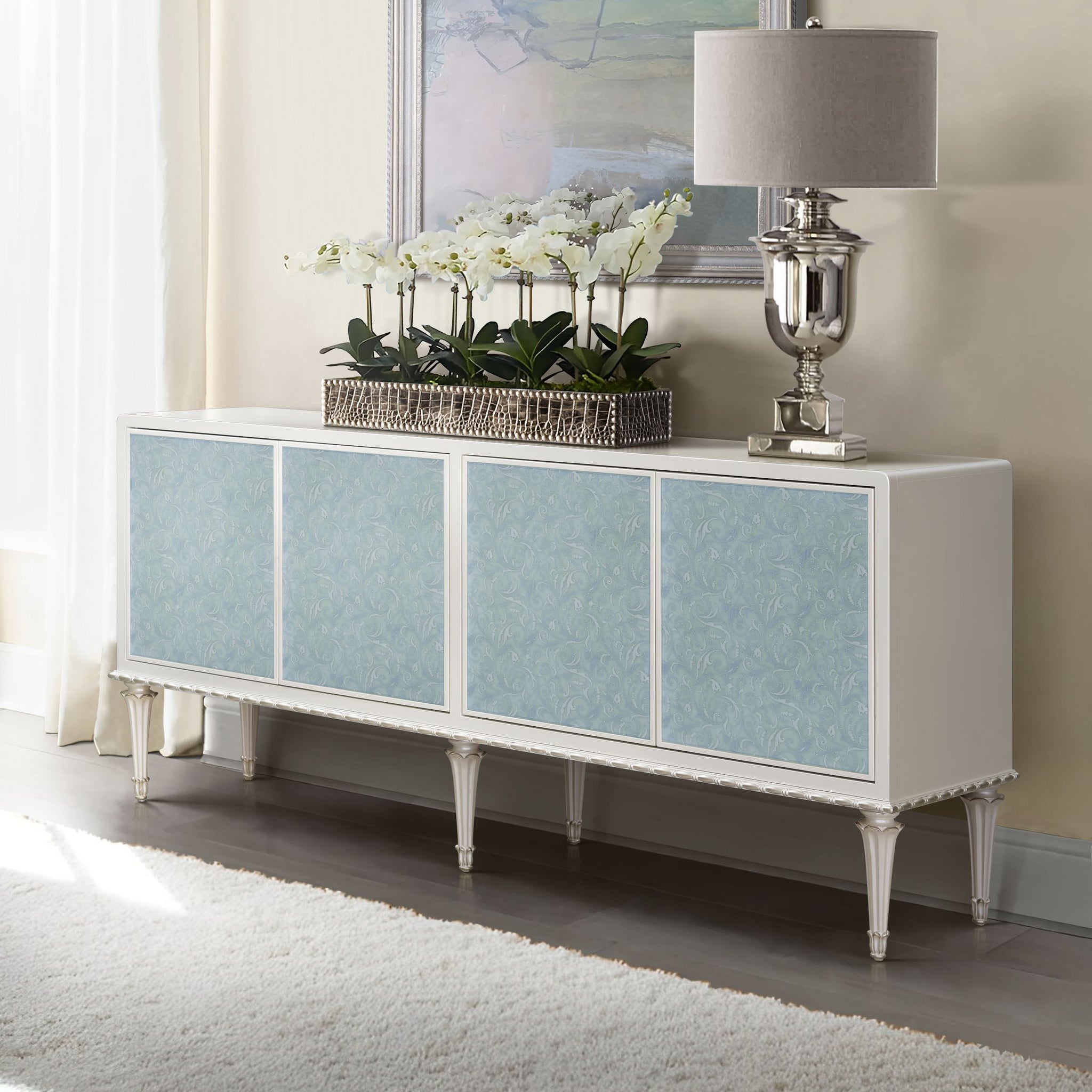 Ansaldo Console Cabinet, Pearl White & Silver Shimmer Finish Ac02506 White Wood