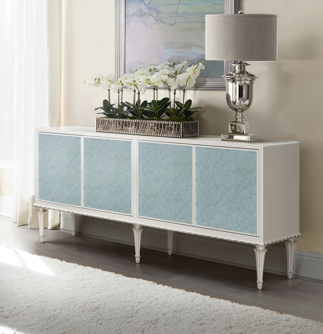 Ansaldo Console Cabinet, Pearl White & Silver Shimmer Finish Ac02506 White Wood