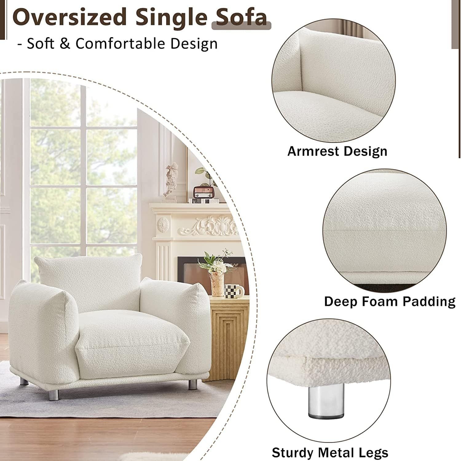 Sherpa Accent Chair Single Sofa 42"W Accent Chair For Bedroom Living Room Apartment, White White Fabric 1 Seat