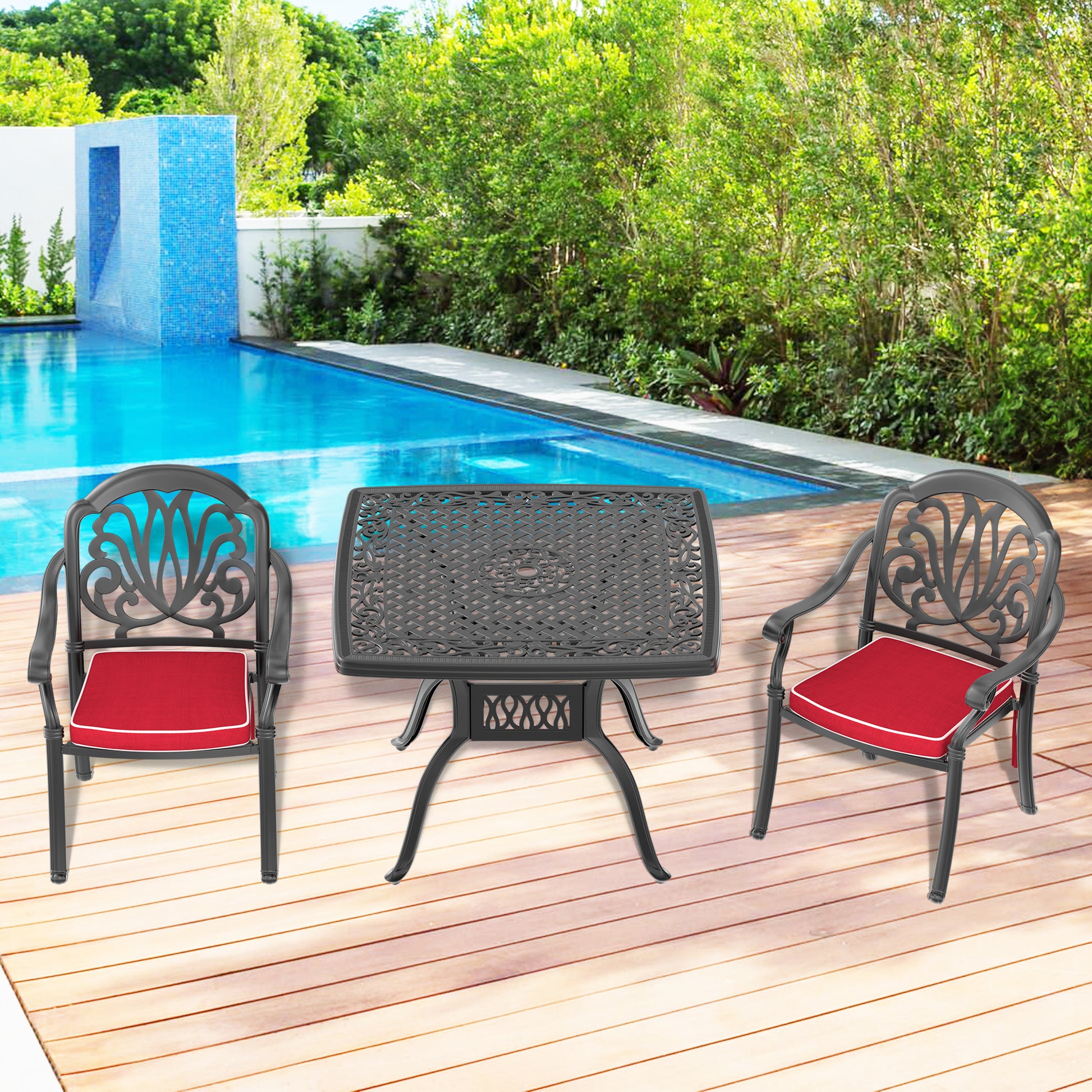 Cushions In Random Colors 3 Piece Set Of Cast Aluminum Patio Furniture With Cushions Yes Dining Set Black Seats 2 Rust Resistant Frame Water Resistant Cushion Garden & Outdoor Complete Patio Sets Aluminium
