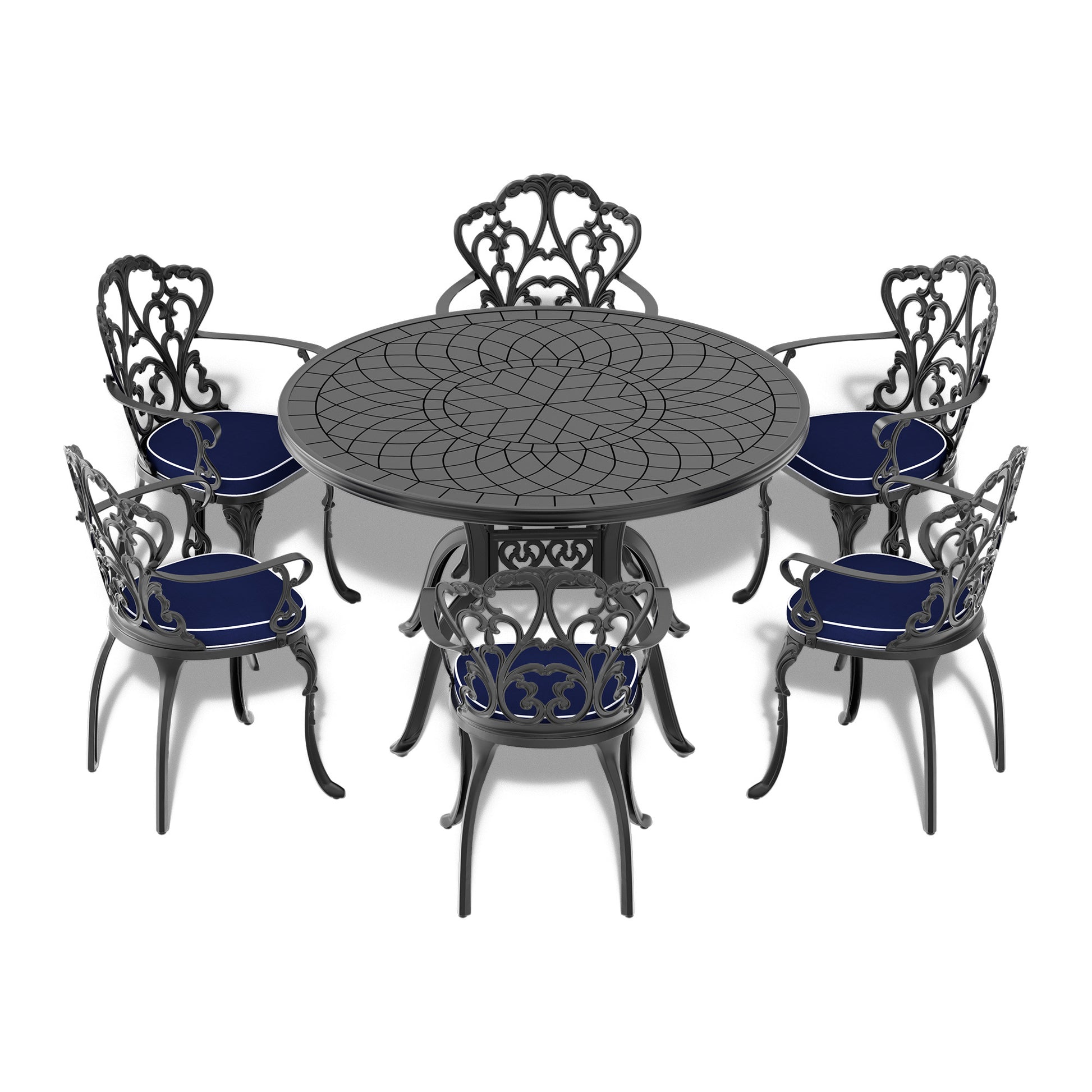 Cushions In Random Colors 7 Piece Set Of Cast Aluminum Patio Furniture With Cushions Yes Complete Patio Set Black Seats 6 Rust Resistant Frame Water Resistant Cushion Garden & Outdoor Complete Patio Sets Aluminium