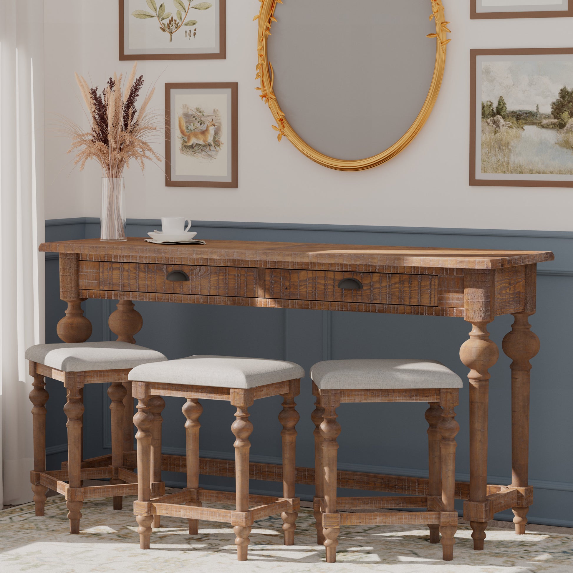 Ludin Brown Console Table With 3 Stools Brown Drawers Rectangular Solid Wood