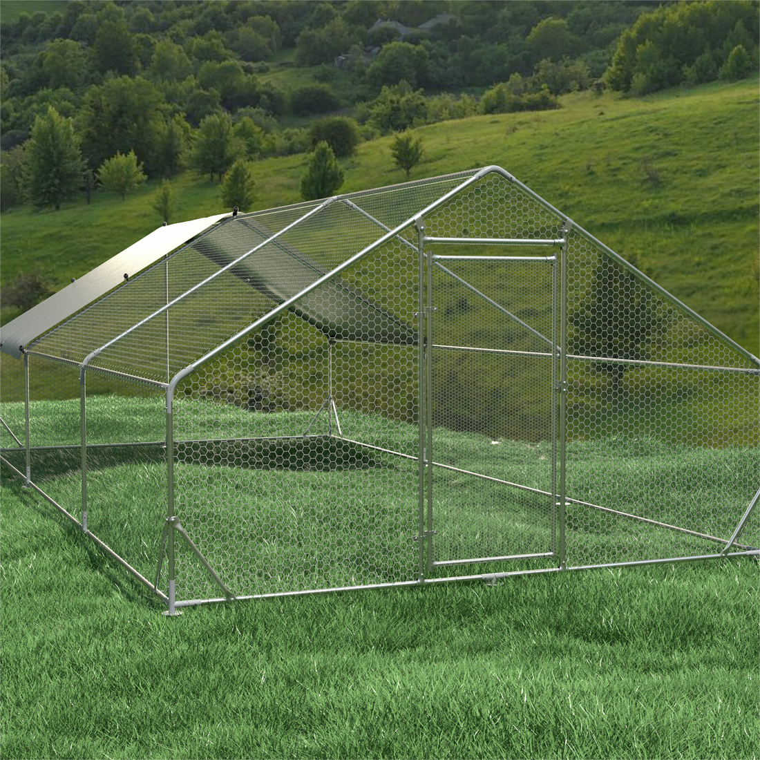 Large Metal Chicken Coop Walk In Poultry Cage Hen Run House Rabbits Habitat Cage Spire Shaped Coop With Waterproof And Anti Ultraviolet Cover 19.7' L X 9.8' W X 6.4' H Silver Metal