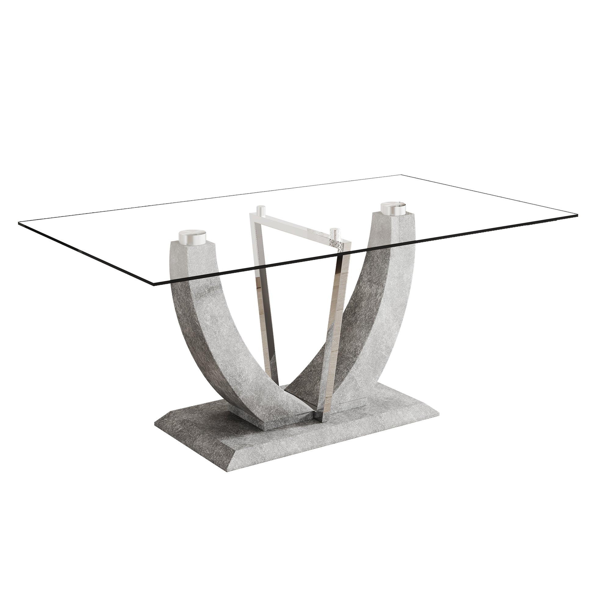 Table And Chair Set, Large Modern Rectangular Glass Table, Can Accommodate 6 8 People, Equipped With A 0.39 Inch Tempered Glass Tabletop And Large Mdf Table Legs, Comfortable And Soft Chairs. Transparent Glass