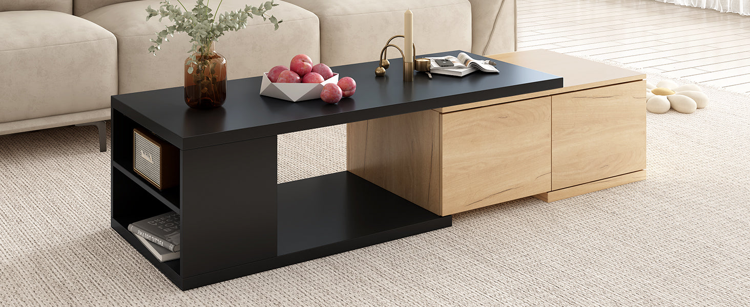 47.2'' 57''W Extendable Coffee Table With 2 Storage Drawers, Dual Tone Wood Center Table With Extendable Sliding Tabletop, Multi Functional Hidden Storage Sofa Table For Living Room, Black Black Primary Living Space Drawers Rectangular Particle Board Mdf