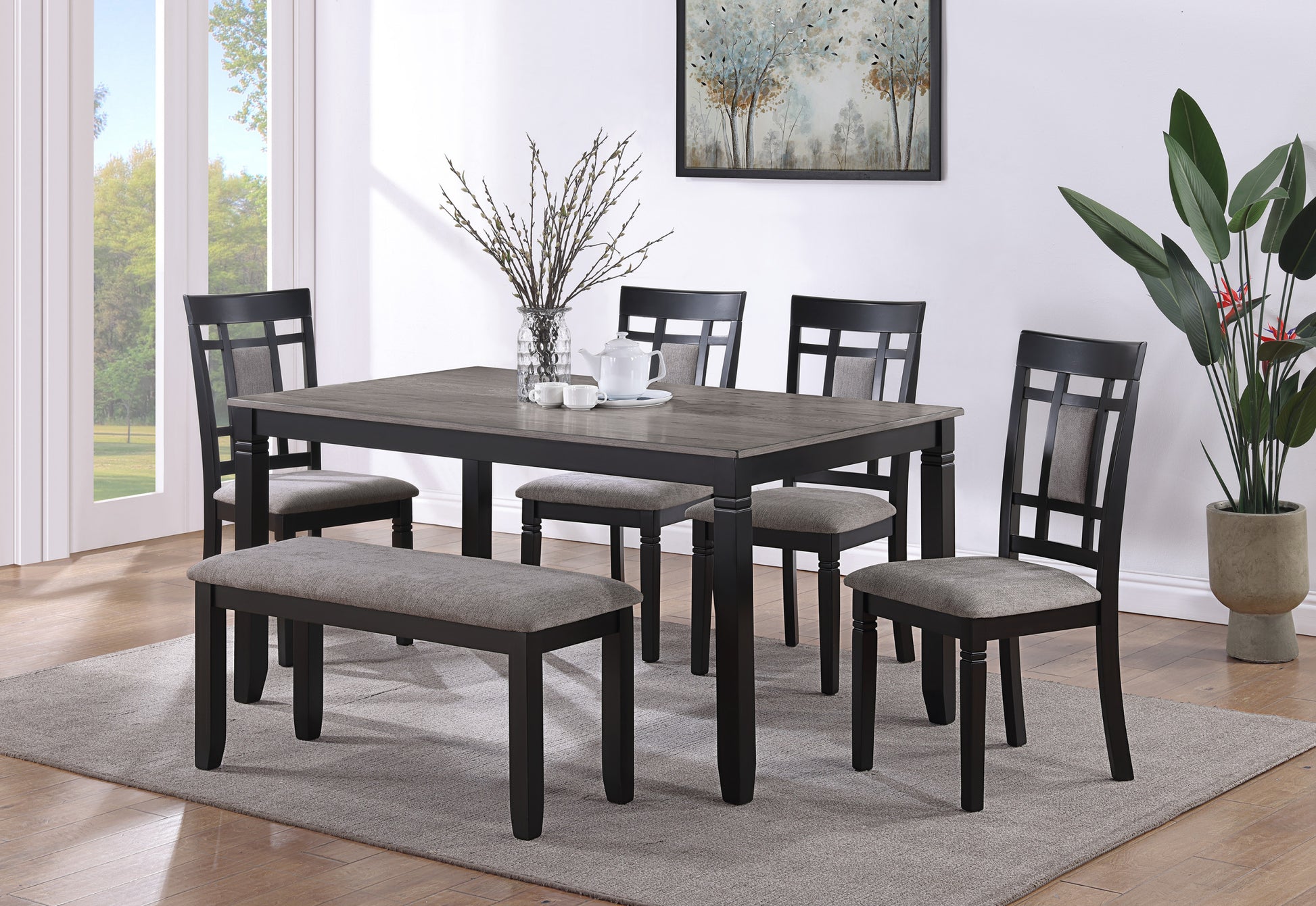 6 Pc Dinette Light Gray Finish Rectangular Table Upholstered Chairs Bench Dining Room Wooden Dining Set Furniture Transitional Contemporary Style Wood Wood Gray Seats 6 Wood Dining Room 60 Inches Fixed Table Transitional 4 Leg Rectangular Dining Table