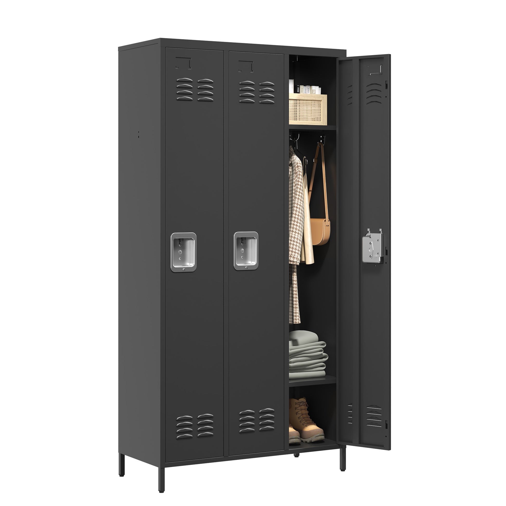 3 Door 72"H Metal Lockers With Lock For Employees,Storage Locker Cabinet For Home Gym Office School Garage,Black Freestanding 5 Or More Spaces Black Gym Door Locks Modern Metal Metal