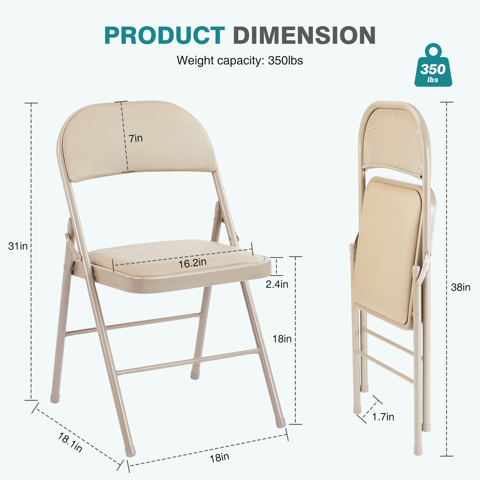 Folding Chair 2 Pack, Leather Padded Folding Chairs, Sturdy Metal Foldable Chairs, For Home, Office, Party, Khaki 2 Pack Khaki Stainless Steel