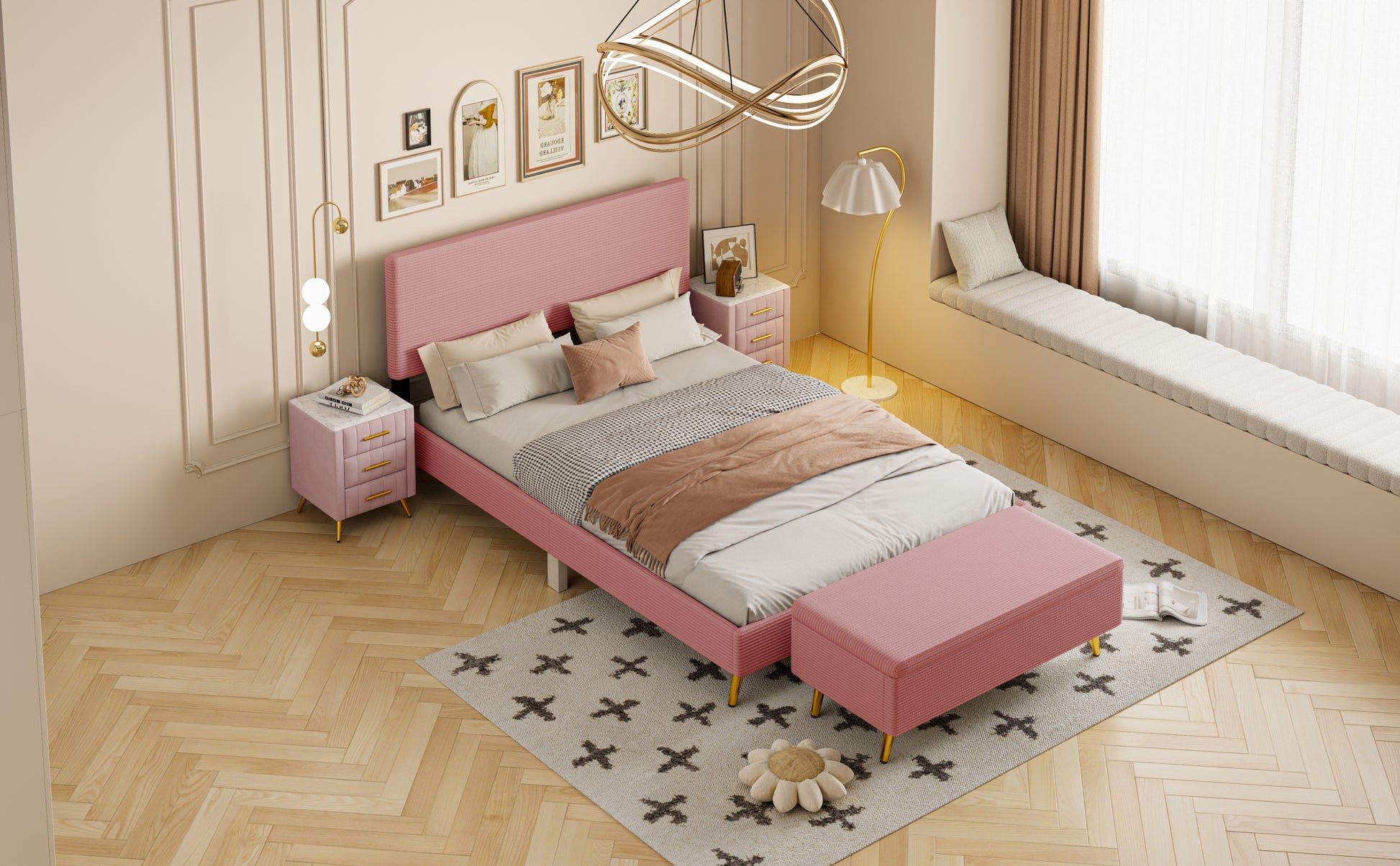 4 Pieces Bedroom Sets Queen Size Upholstered Bed Frame With Modern Corduroy Storage Ottoman And Nightstands,Pink Queen Pink 4 Piece Set Wood