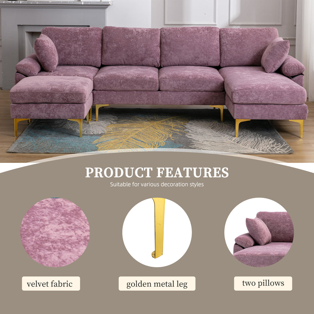 Coolmore U Shape Sectional Sofa With Ottomanreversible Sofa Couch For Living Room,Spacious Furniture,Durable Couch Removable And Machine Washable Cover Purple Velvet Purple Primary Living Space Foam Velvet 4 Seat