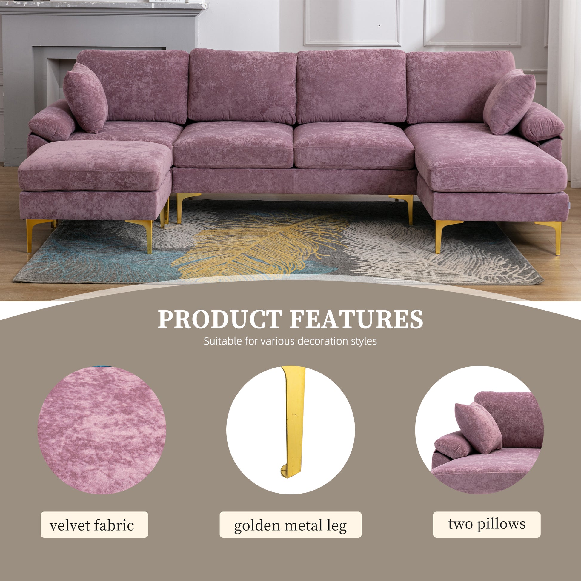 Coolmore U Shape Sectional Sofa With Ottomanreversible Sofa Couch For Living Room,Spacious Furniture,Durable Couch Removable And Machine Washable Cover Purple Velvet Purple Primary Living Space Foam Velvet 4 Seat