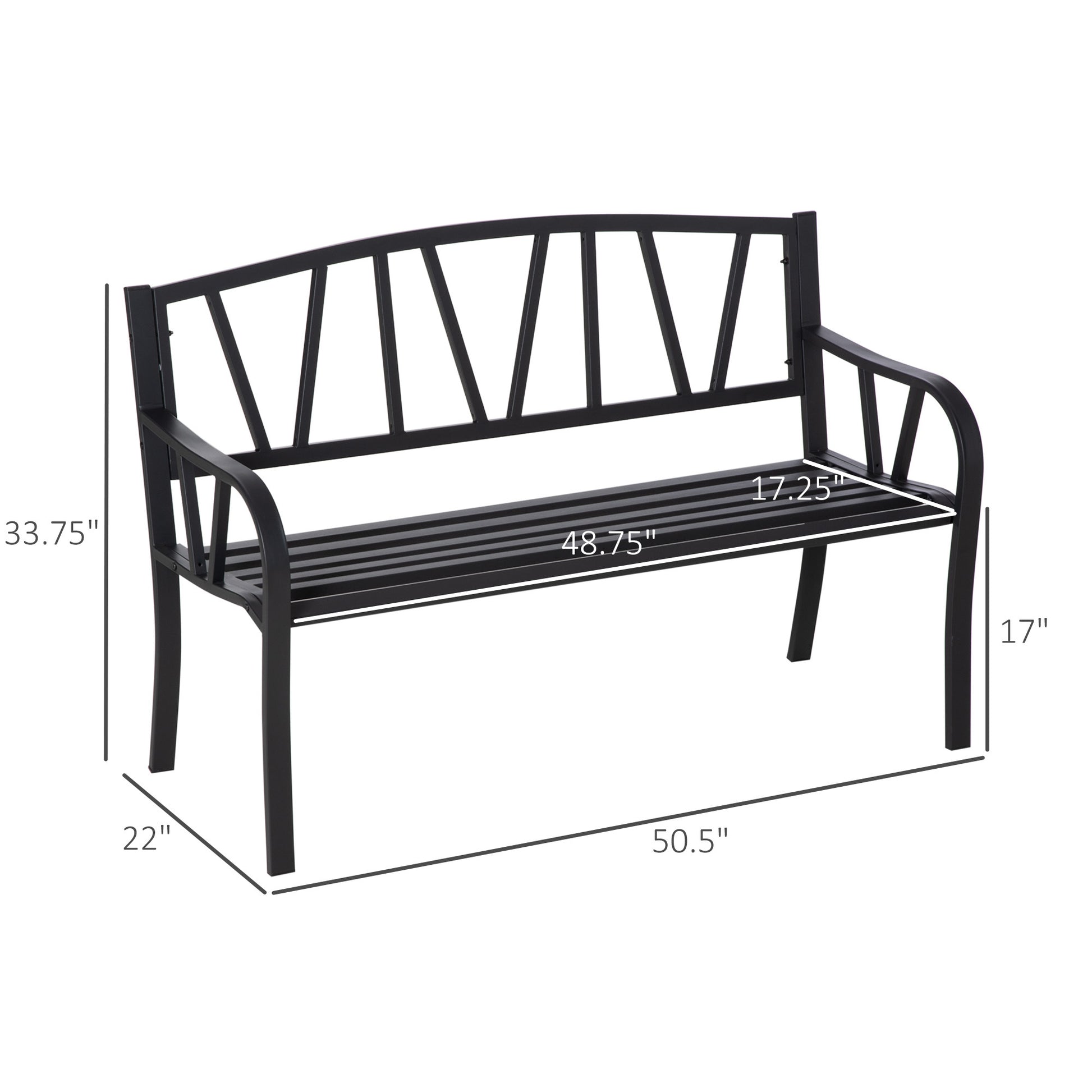 Outsunny 50" Metal Garden Bench, Black Outdoor Bench For 2 People, Park Style Patio Seating, Decor With Smooth Armrests, Slatted Seat And Backrest, Black Black Metal