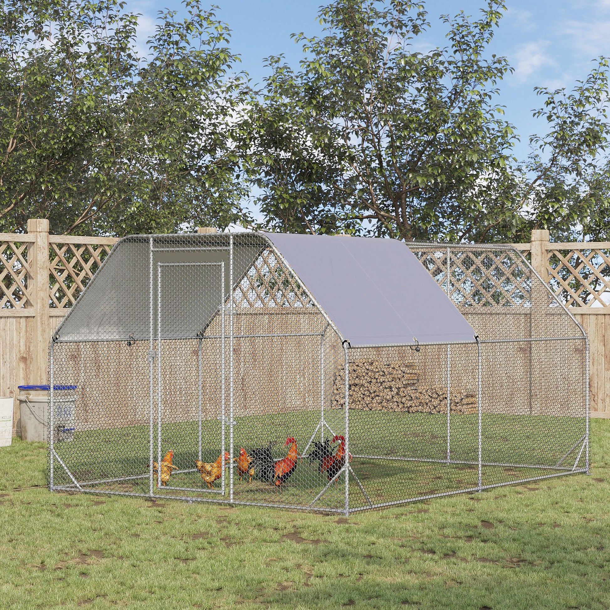 Pawhut Large Chicken Coop Metal Chicken Run With Waterproof And Anti Uv Cover, Flat Shaped Walk In Fence Cage Hen House For Outdoor And Yard Farm Use, 1" Tube Diameter, 9.2' X 12.5' X 6.4' Silver Steel