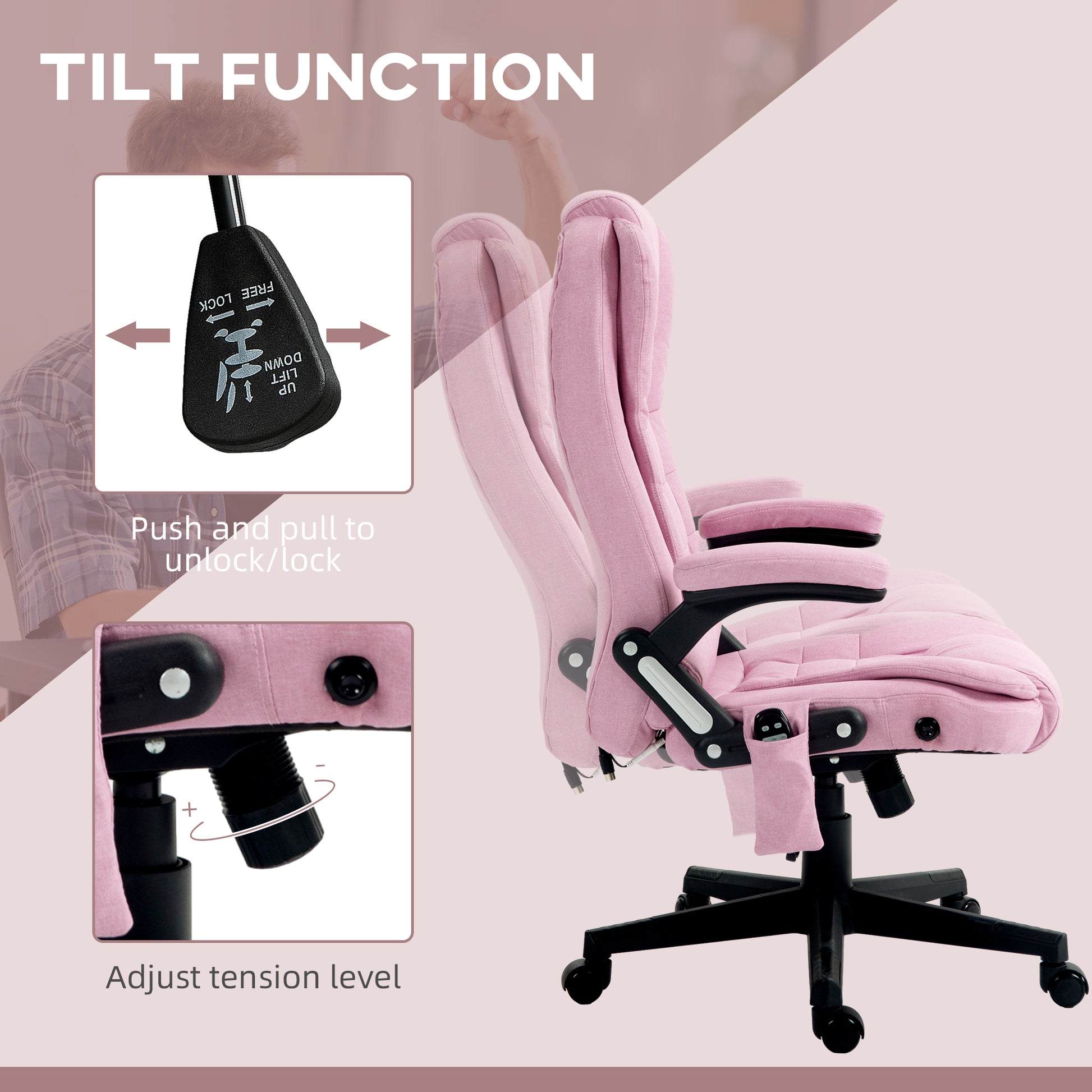 Homcom 6 Point Vibrating Massage Office Chair With Heat, Linen High Back Executive Office Chair With Reclining Backrest, Padded Armrests And Remote, Pink Pink Polyester