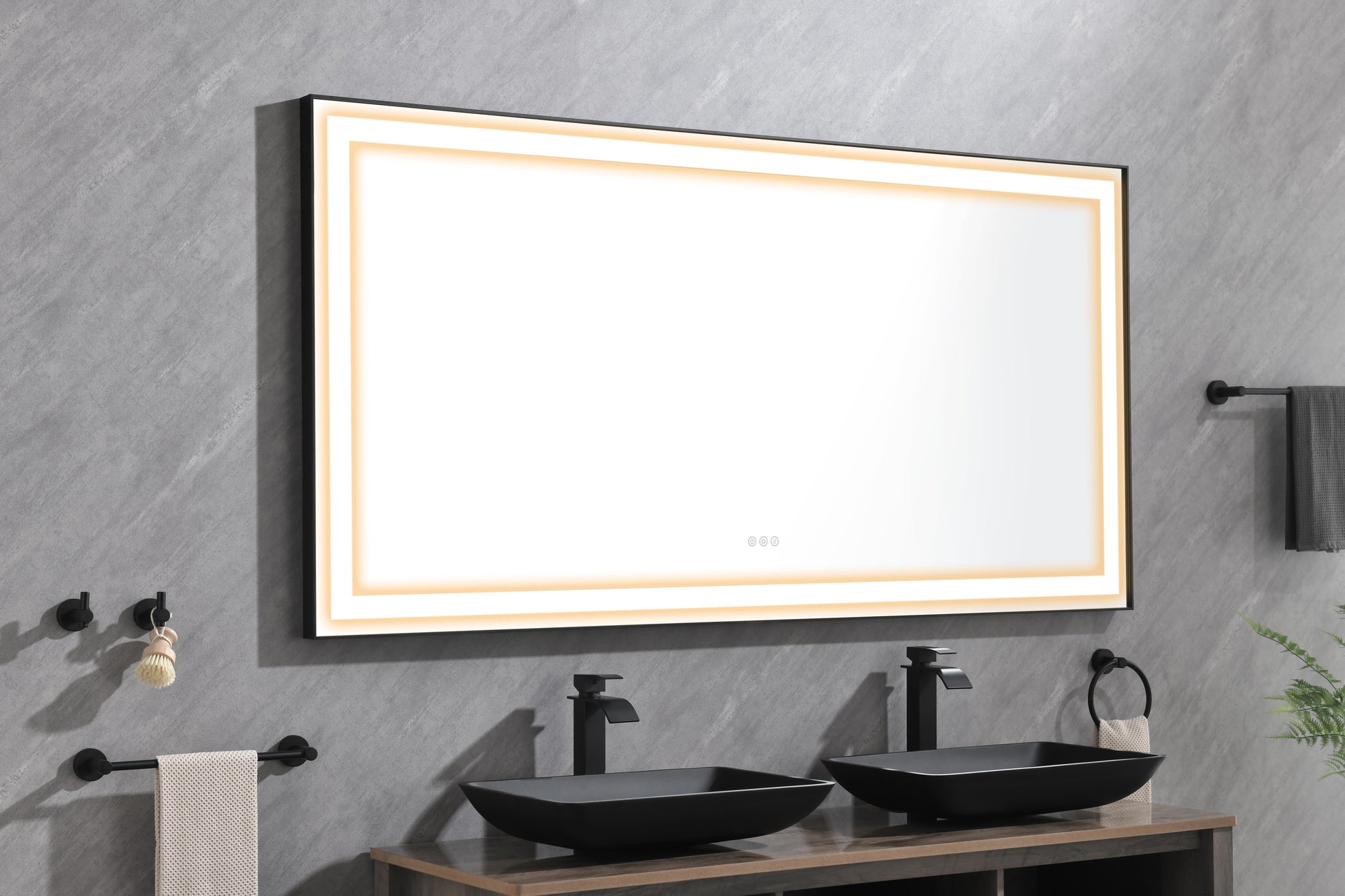 72 X 36 Inch Led Bathroom Mirror With Aluminum Frame, Wall Mounted Vanity Mirror, Anti Fog, Memory, 3 Colors, Stepless Dimmable Matte Black Aluminium,Glass