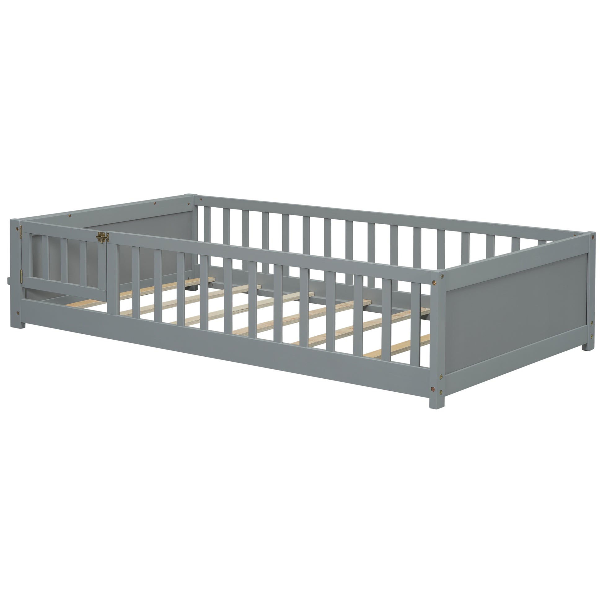 Twin Size Floor Platform Bed With Built In Book Storage Rack, Door,Grey Twin Grey American Design Pine