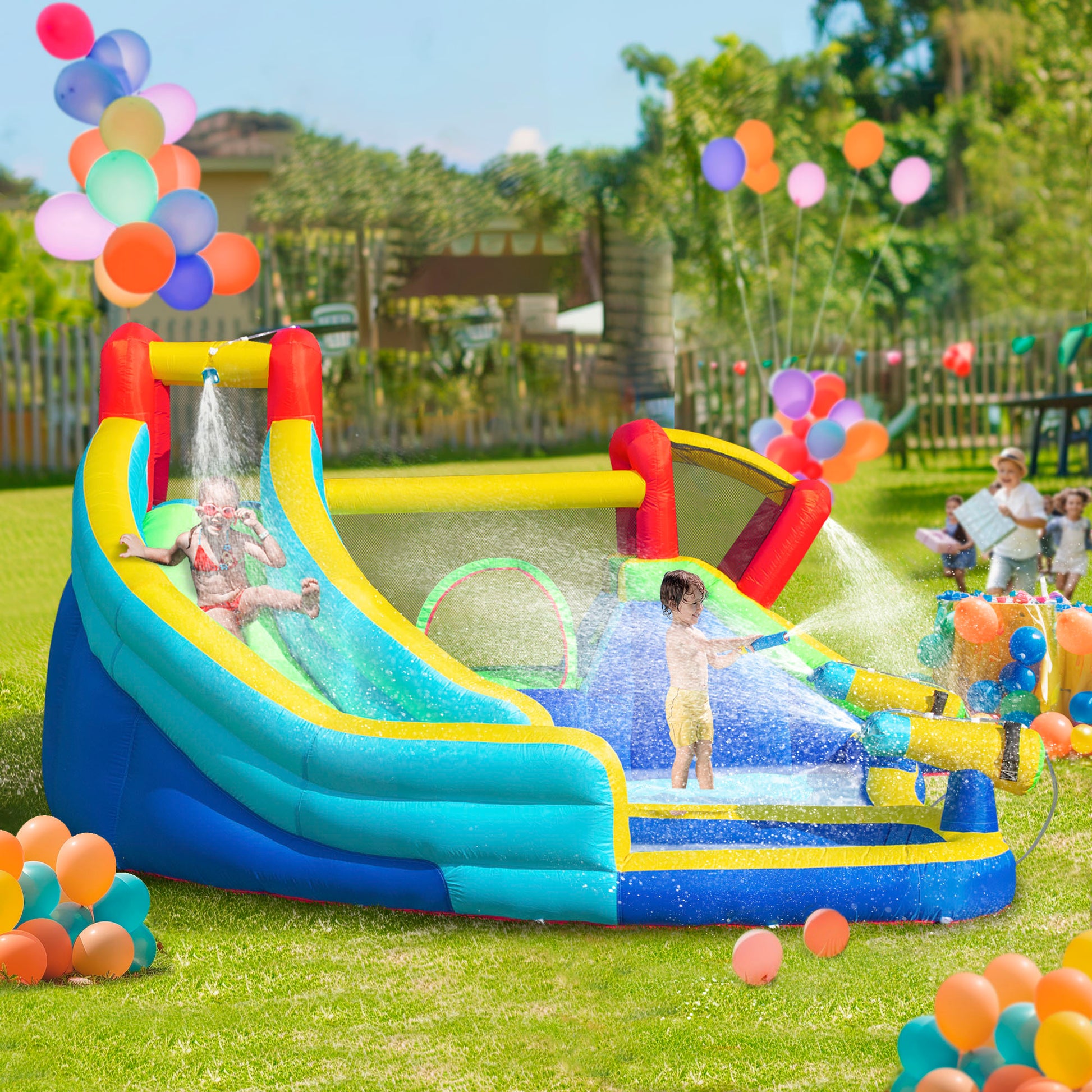 Outsunny 5 In 1 Inflatable Water Slide Kids Bounce House Water Park Jumping Castle Includes Trampoline Slide Water Pool Cannon Climbing Wall With Carry Bag, Repair Patches, 450W Air Blower Colorful Polyester