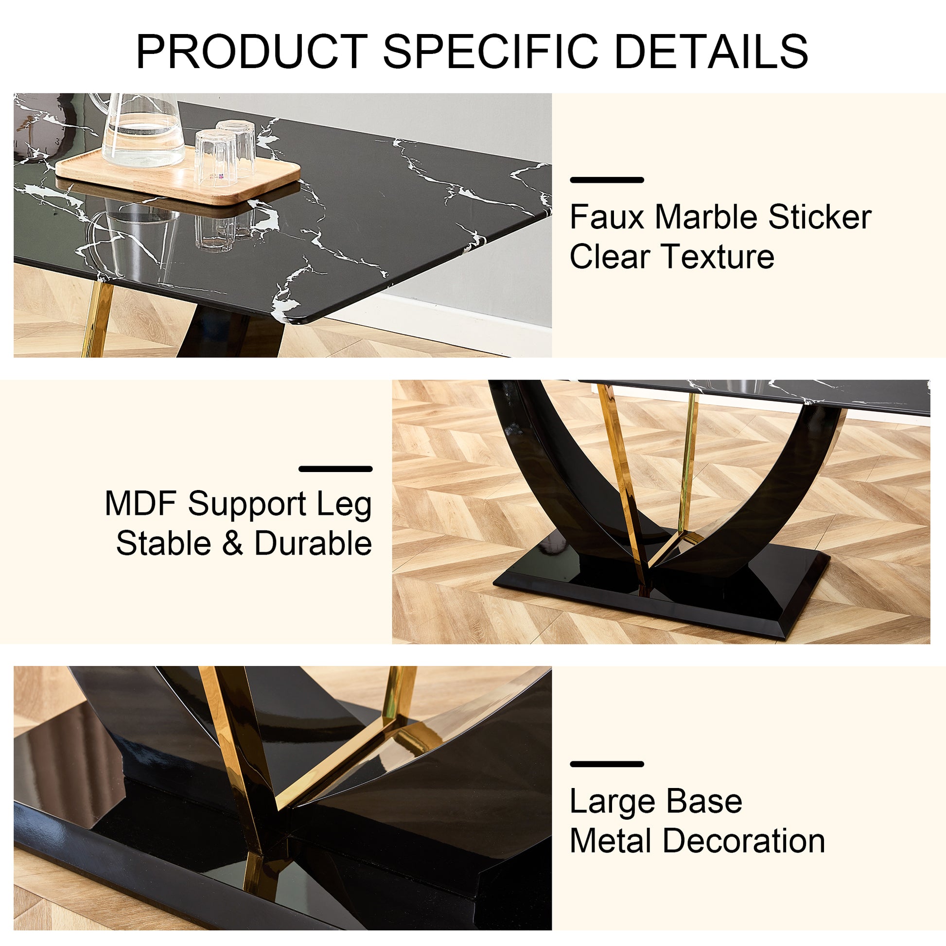 Table And Chair Set, Modern Dining Table, Patterned Table Top And Black Mdf Table Legs, Soft And Comfortable Dining Chair, Perfect For Dinner, Meetings, Home And Office Decor White Black Mdf Glass