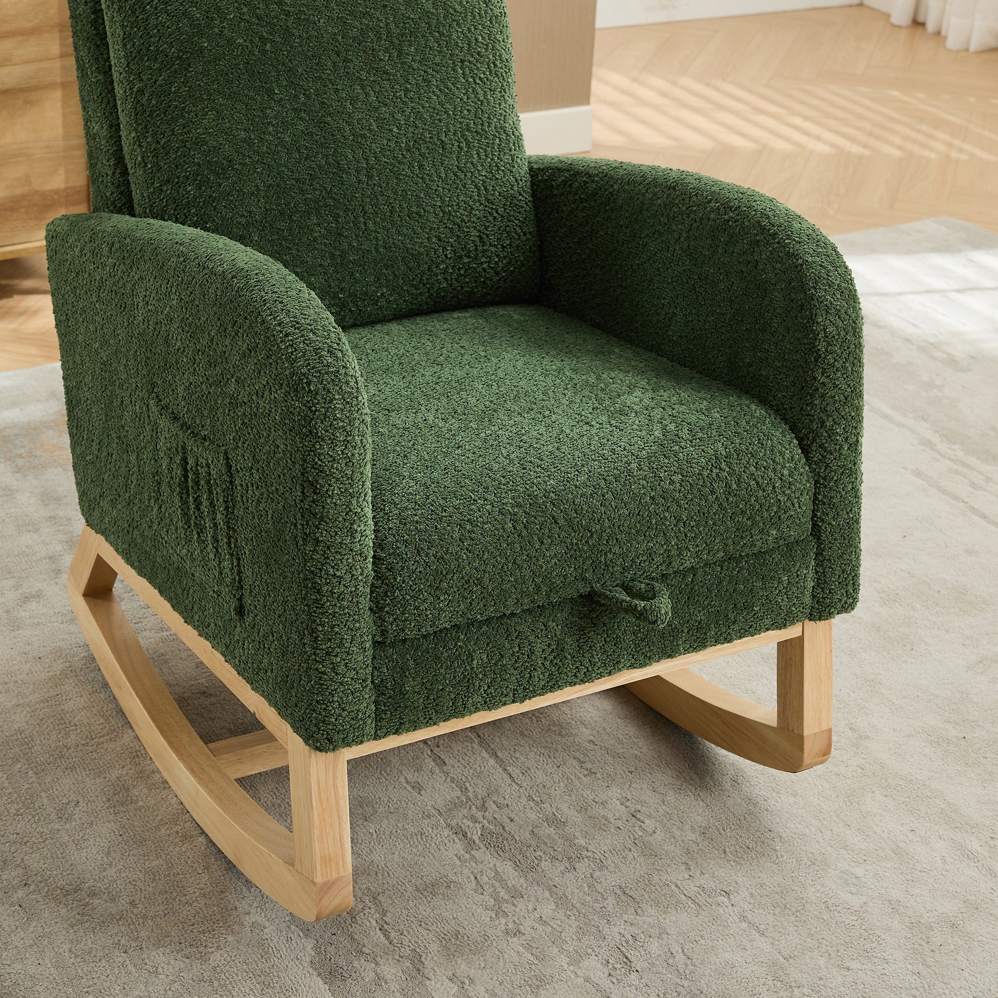 25.4"W Rocking Chair For Nursery, High Back Glider Chair With Retractable Footrest, Side Pocket, Rocking Accent Armchair With Rubber Wood Legs For Living Room Bedroom.Green Green Boucle