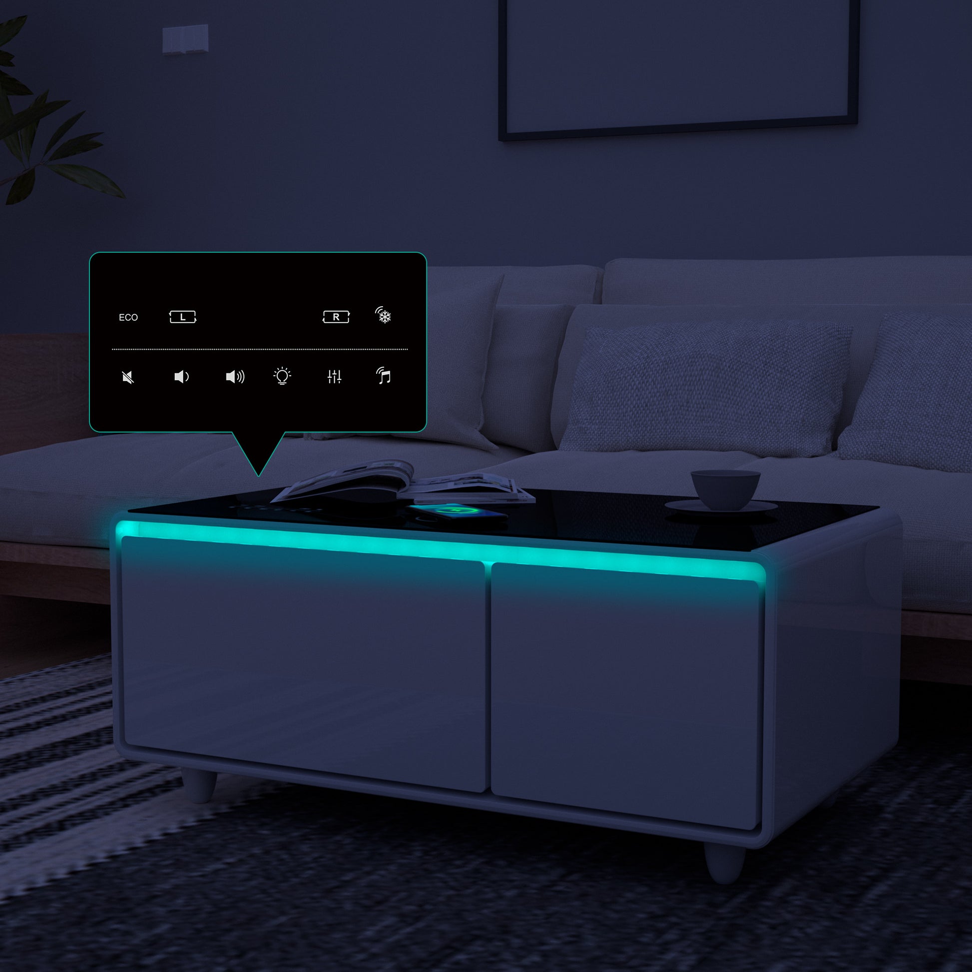 Modern Smart Coffee Table With Built In Fridge, Bluetooth Speaker, Wireless Charging, Touch Control Panel, Usb Ports, Outlet Protection, Atmosphere Light, Black Black White Built In Outlets Or Usb Primary Living Space Freestanding Rectangular Drawers