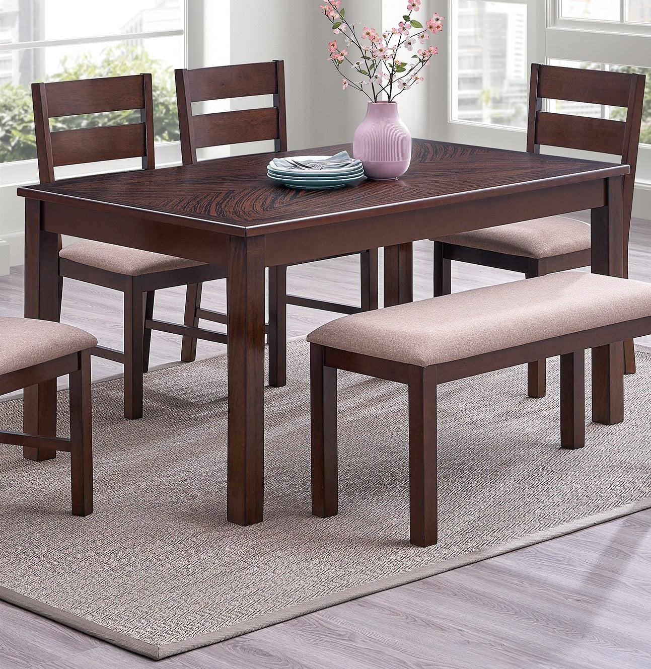 Contemporary Antique Cherry 6Pc Dining Set Table And 4X Side Chairs 1X Bench Melamine Table Top Fabric Cushion Seats Chairs Solid Wood Dining Room Furniture Dining Room Solid Wood Rubberwood Rectangular Dining Table With Chair And Bench Upholstered Chair