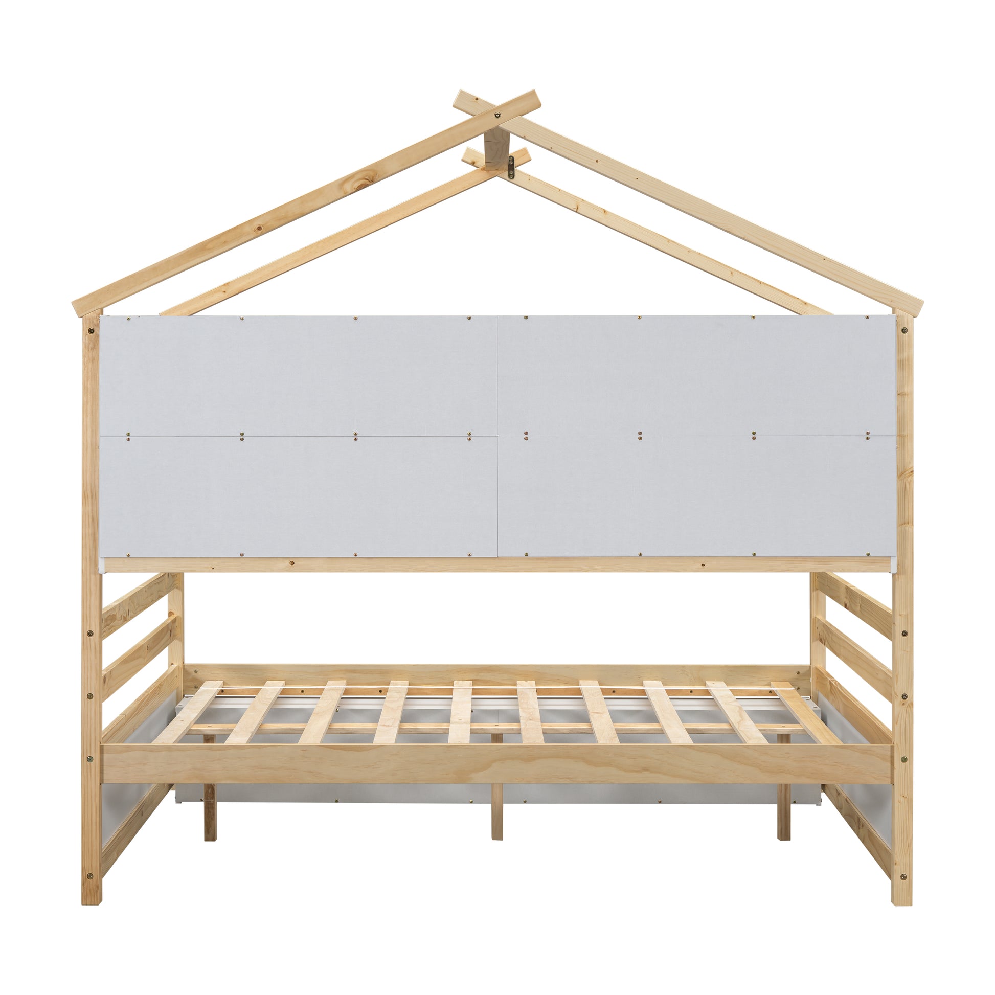 Full House Bed With Roof Frame, Bedside Shelves, Under Bed Storage Unit,Natural Full Natural American Design Pine