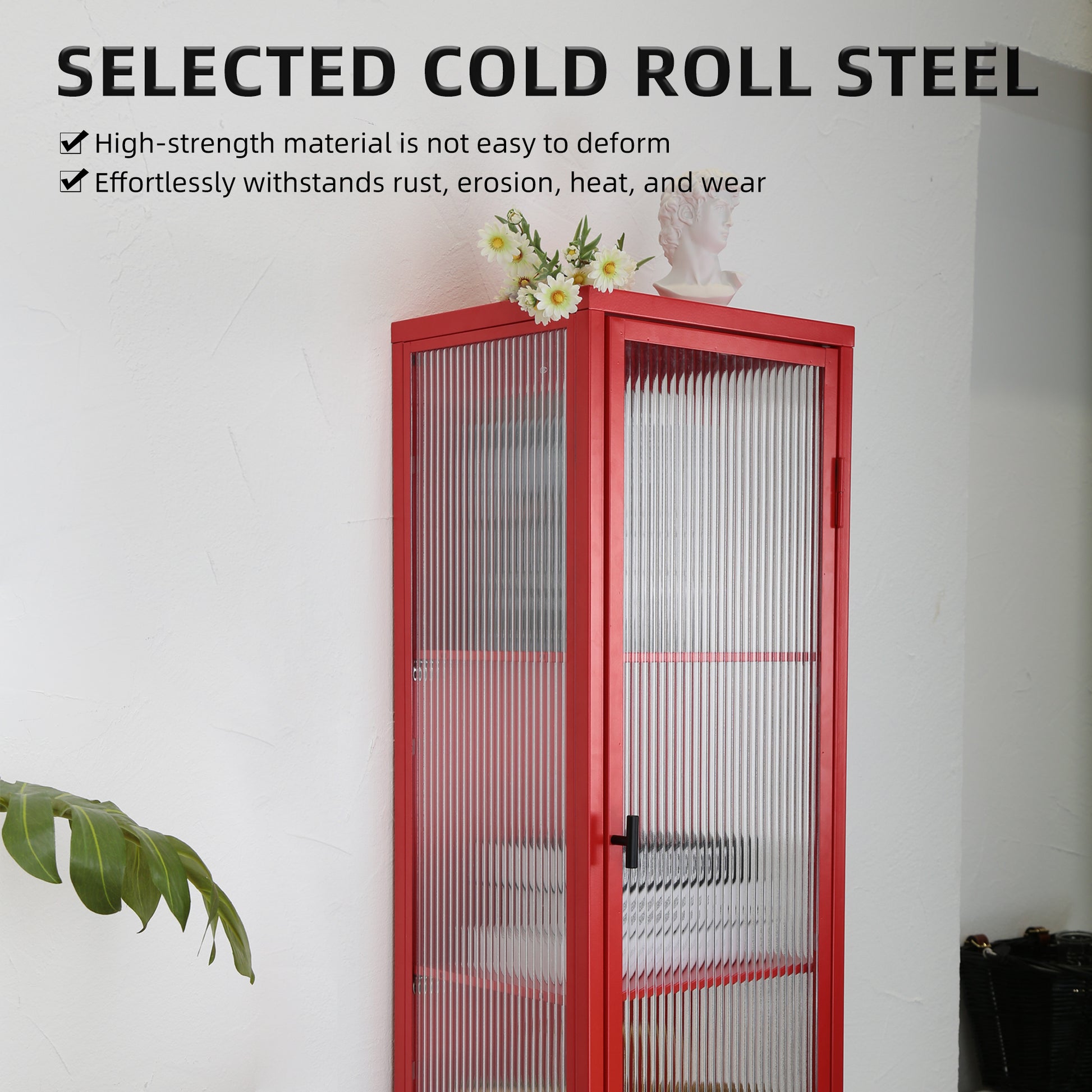 Retro Style Freestanding Metal Tall Display Cupboard With Glass Door And Three Detachable Shelves For Office, Living Room, Kitchen Console Sideboard,Bedside Entryway Red Old Sku:W68751719 Red Steel