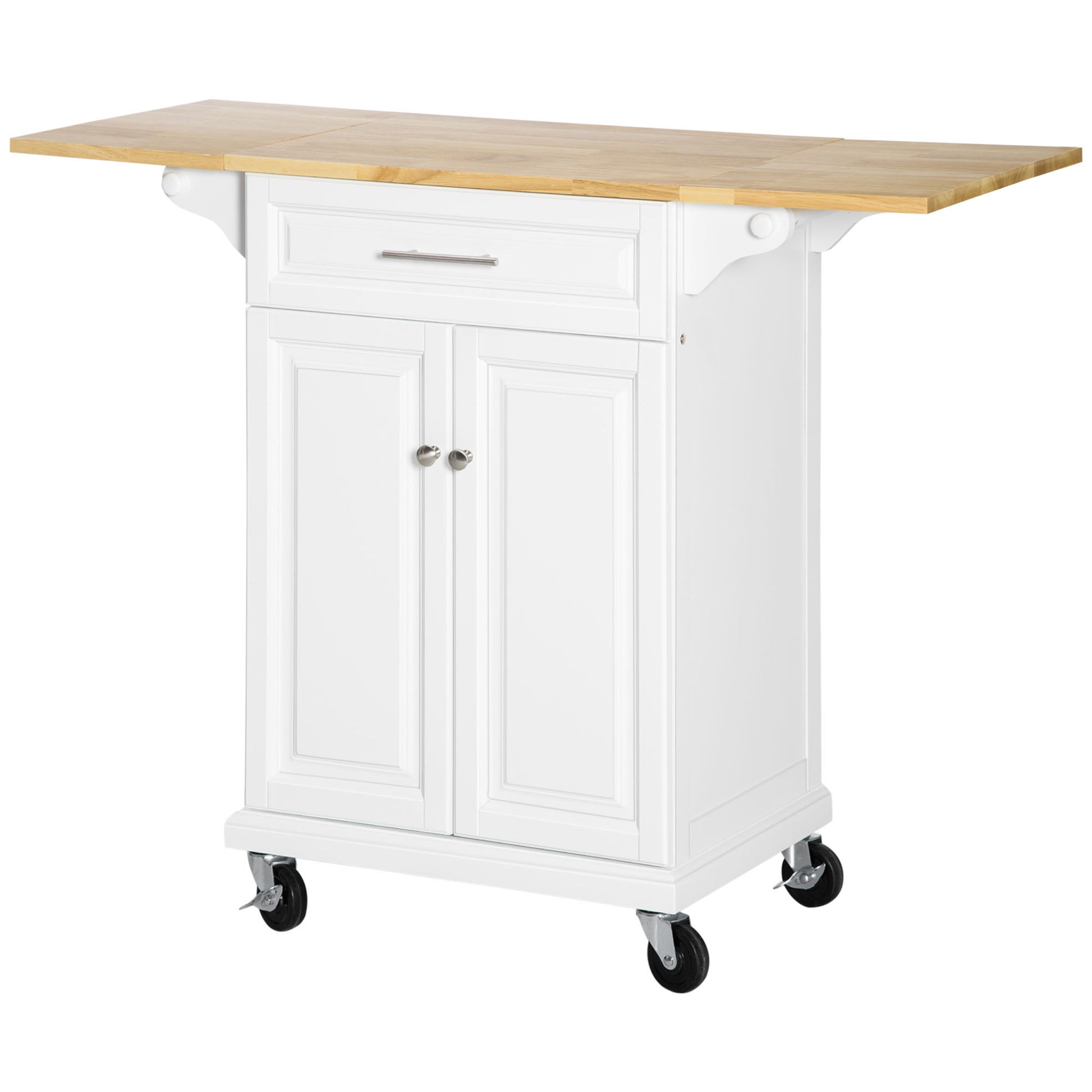 Homcom Kitchen Island With Drop Leaf Trolley Cart On Wheels Drawer Cabinet Towel Racks Versatile Use Natural Wood Top And White White Mdf