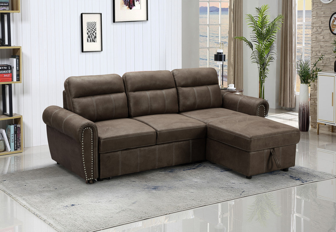 Ashton 96" Saddle Brown Microfiber Reversible Sleeper Sectional Sofa Chaise Brown Microfiber