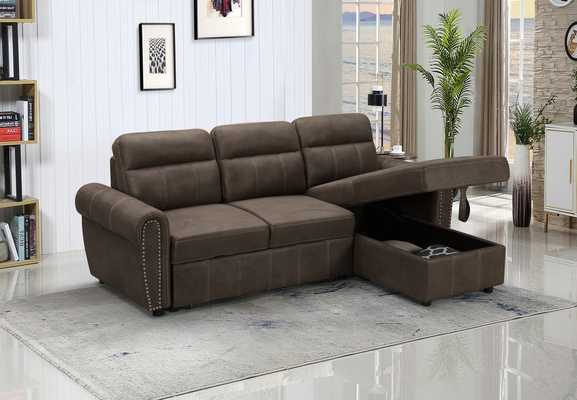 Ashton 96" Saddle Brown Microfiber Reversible Sleeper Sectional Sofa Chaise Brown Microfiber