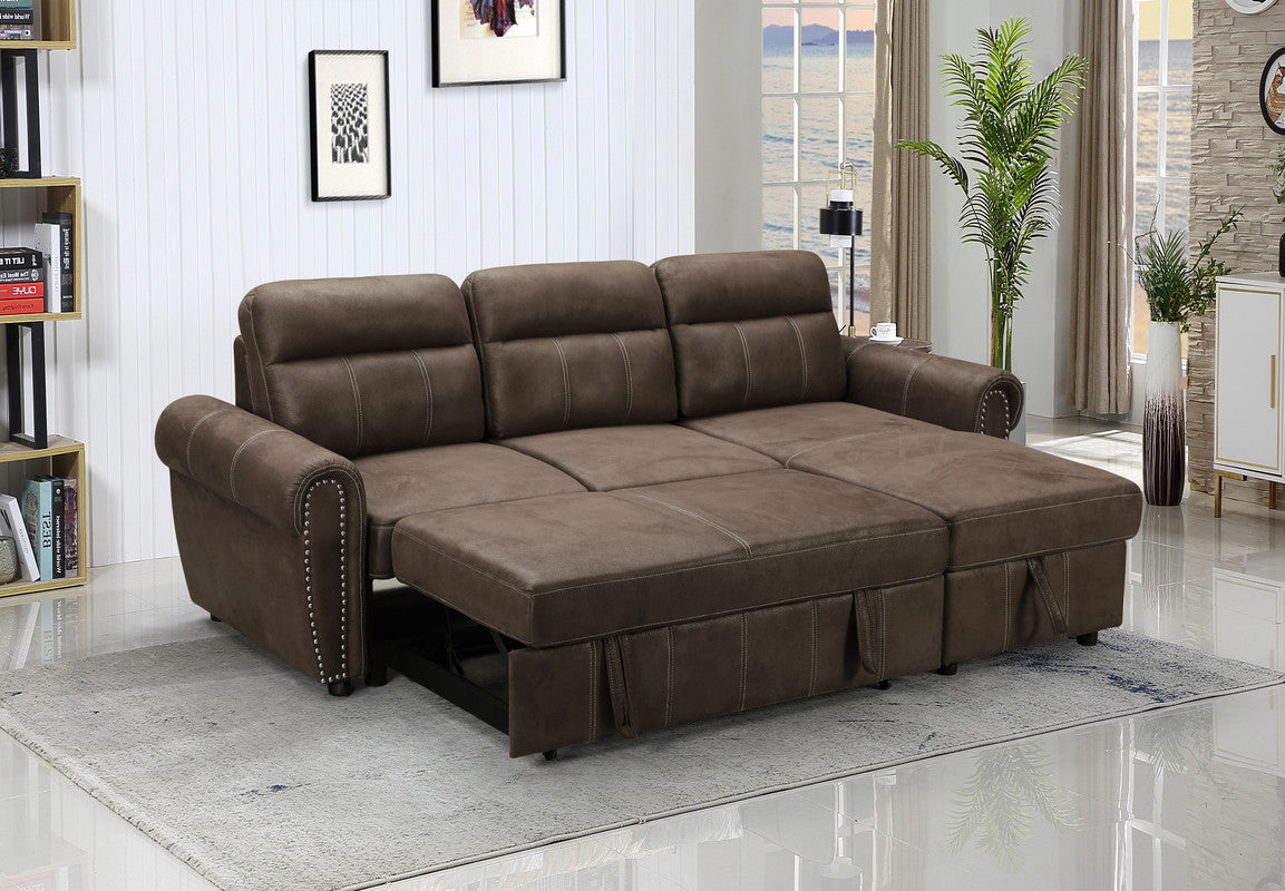 Ashton 96" Saddle Brown Microfiber Reversible Sleeper Sectional Sofa Chaise Brown Microfiber